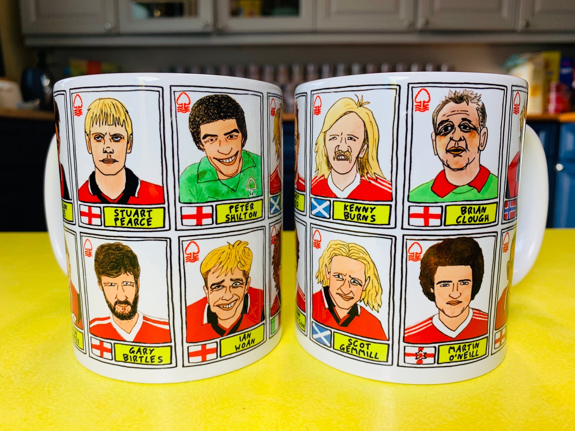 Nottingham Forest - Set of TWO 11oz Ceramic Mugs with Wonky Panini sticker-style No Score Draws Doodles of 24 NFFC icons