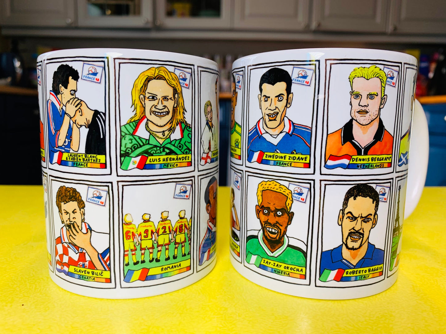 France '98 No Score Draws Mug Set - Set of TWO 11oz Ceramic Mugs with Wonky Panini sticker-style World Cup France '98 No Score Draws Doodles