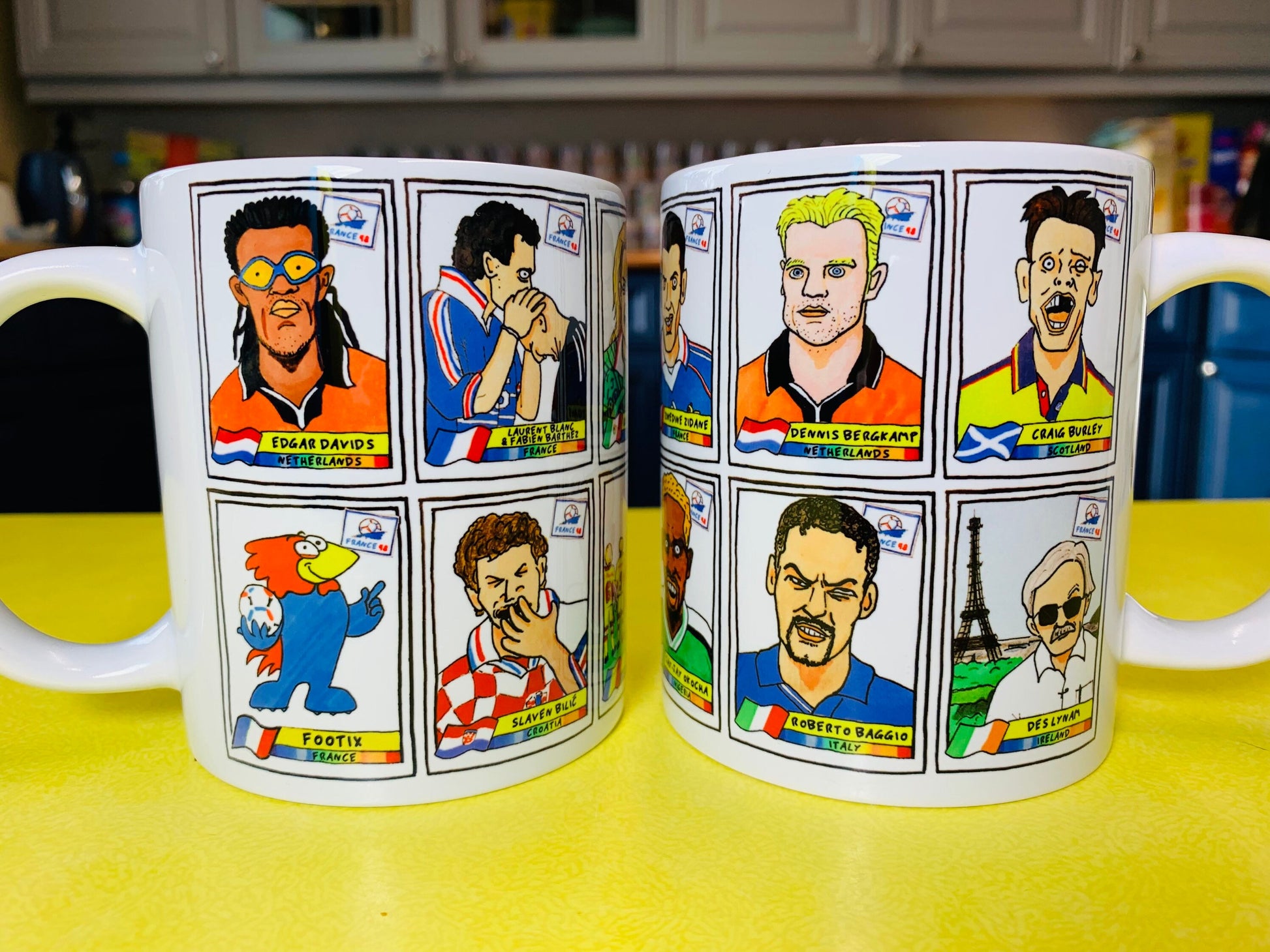 France '98 No Score Draws Mug Set - Set of TWO 11oz Ceramic Mugs with Wonky Panini sticker-style World Cup France '98 No Score Draws Doodles