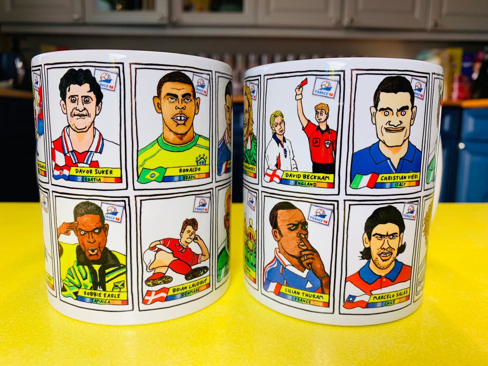 France '98 No Score Draws Mug Set - Set of TWO 11oz Ceramic Mugs with Wonky Panini sticker-style World Cup France '98 No Score Draws Doodles