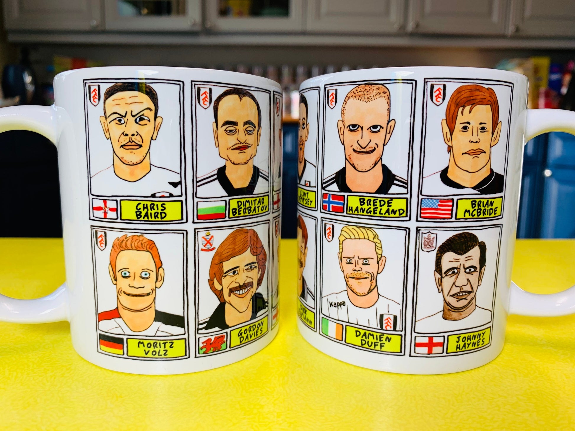 Fulham No Score Draws Mug Set - Set of TWO 11oz Ceramic Mugs with Wonky Panini sticker-style Cottagers FFC No Score Draws Doodles