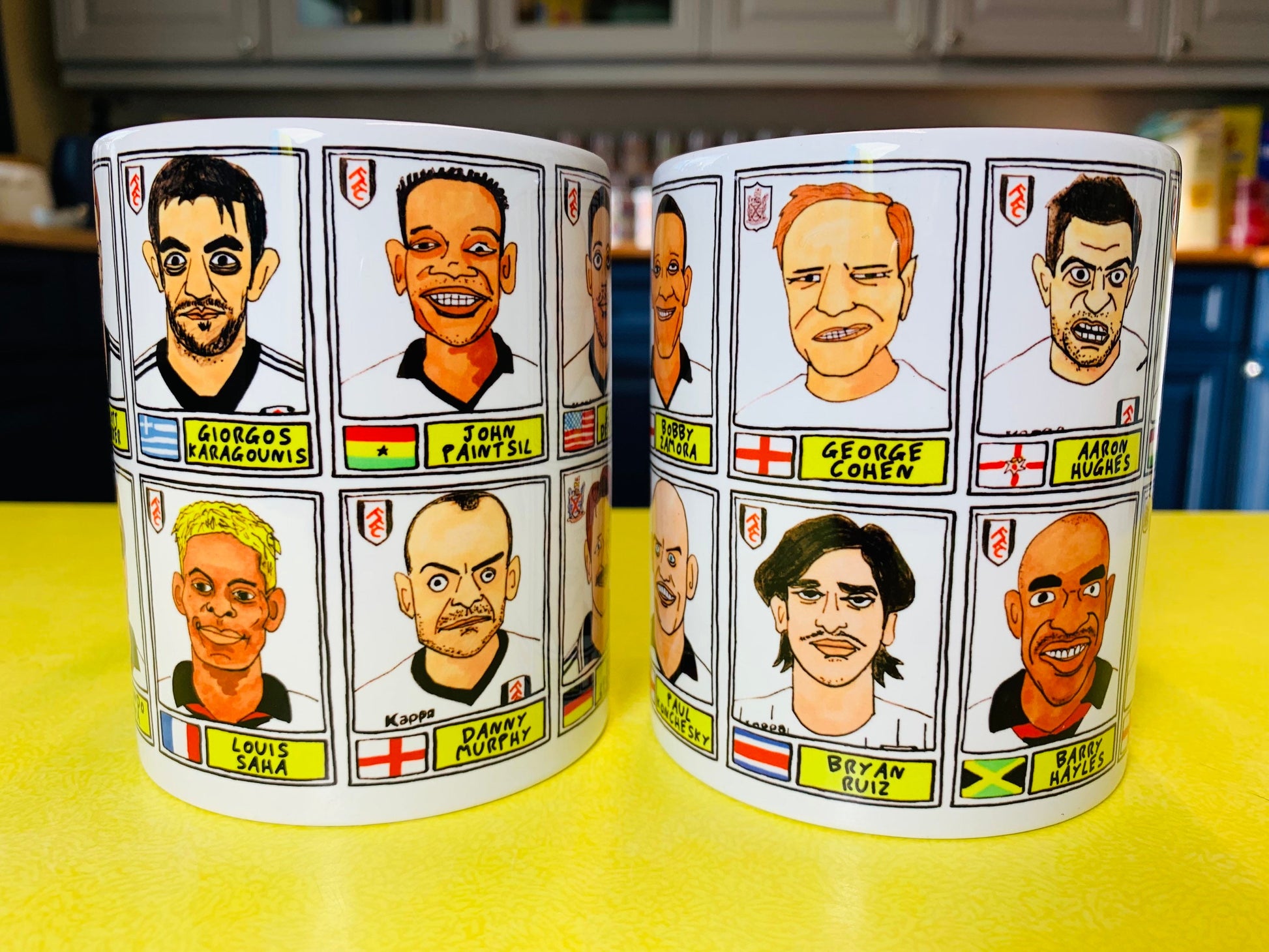 Fulham No Score Draws Mug Set - Set of TWO 11oz Ceramic Mugs with Wonky Panini sticker-style Cottagers FFC No Score Draws Doodles