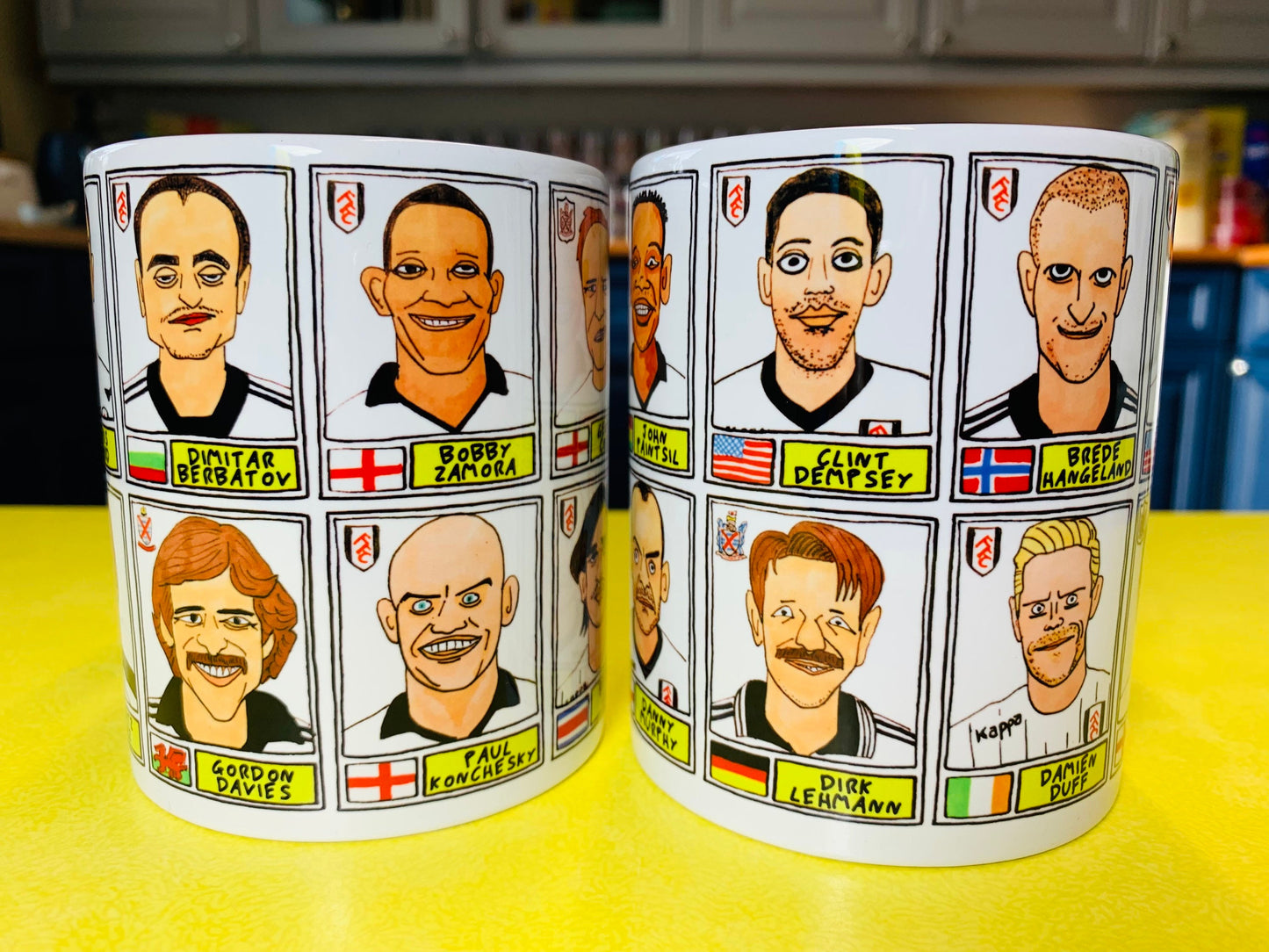 Fulham No Score Draws Mug Set - Set of TWO 11oz Ceramic Mugs with Wonky Panini sticker-style Cottagers FFC No Score Draws Doodles