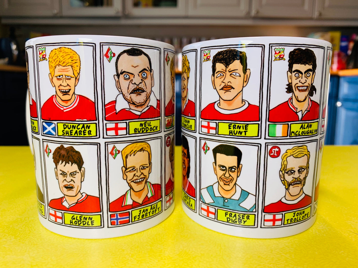 Swindon Town No Score Draws Mug Set - Set of TWO 11oz Ceramic Mugs with Wonky Panini sticker-style No Score Draws Doodles of 24 STFC icons