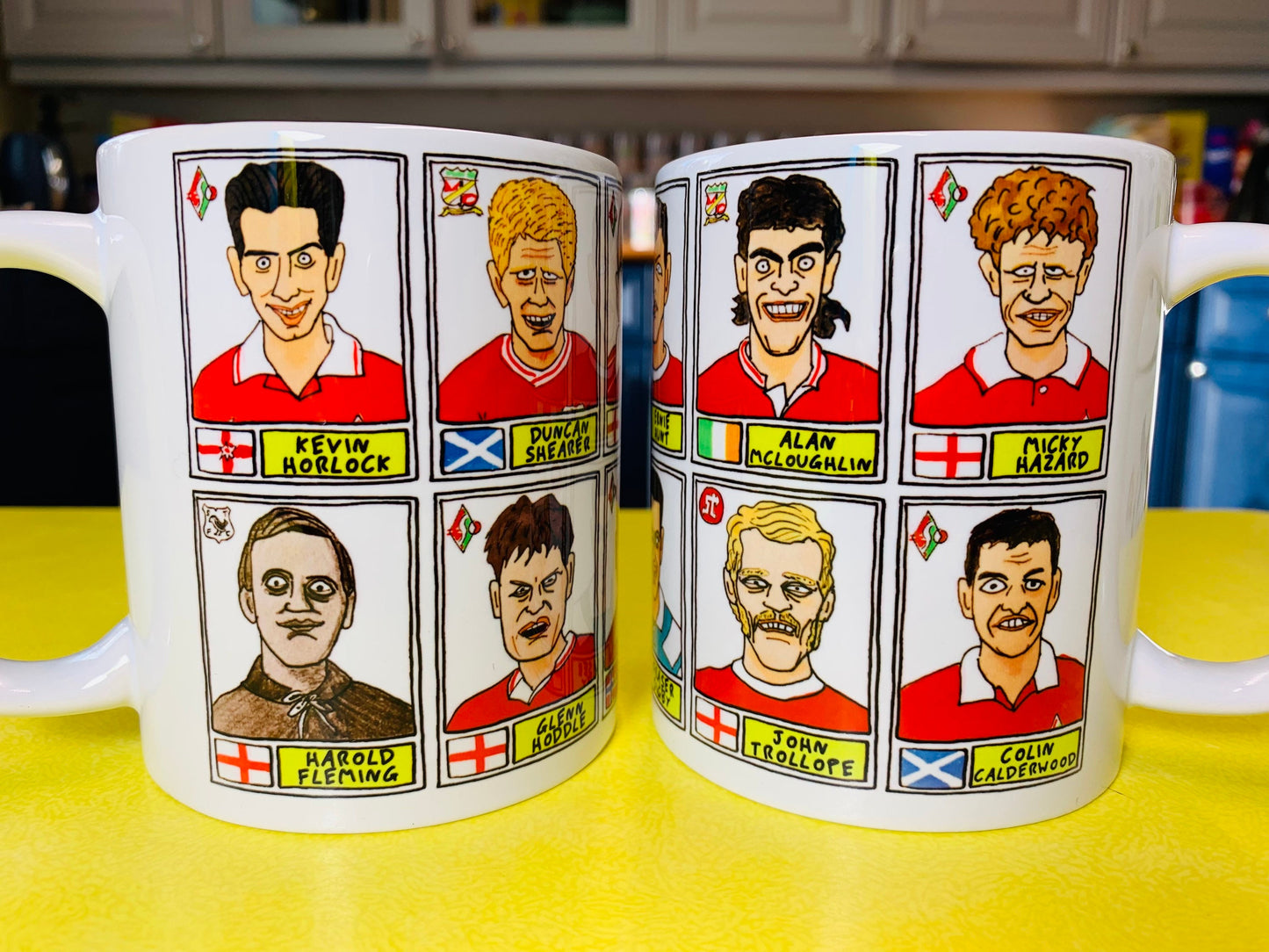 Swindon Town No Score Draws Mug Set - Set of TWO 11oz Ceramic Mugs with Wonky Panini sticker-style No Score Draws Doodles of 24 STFC icons