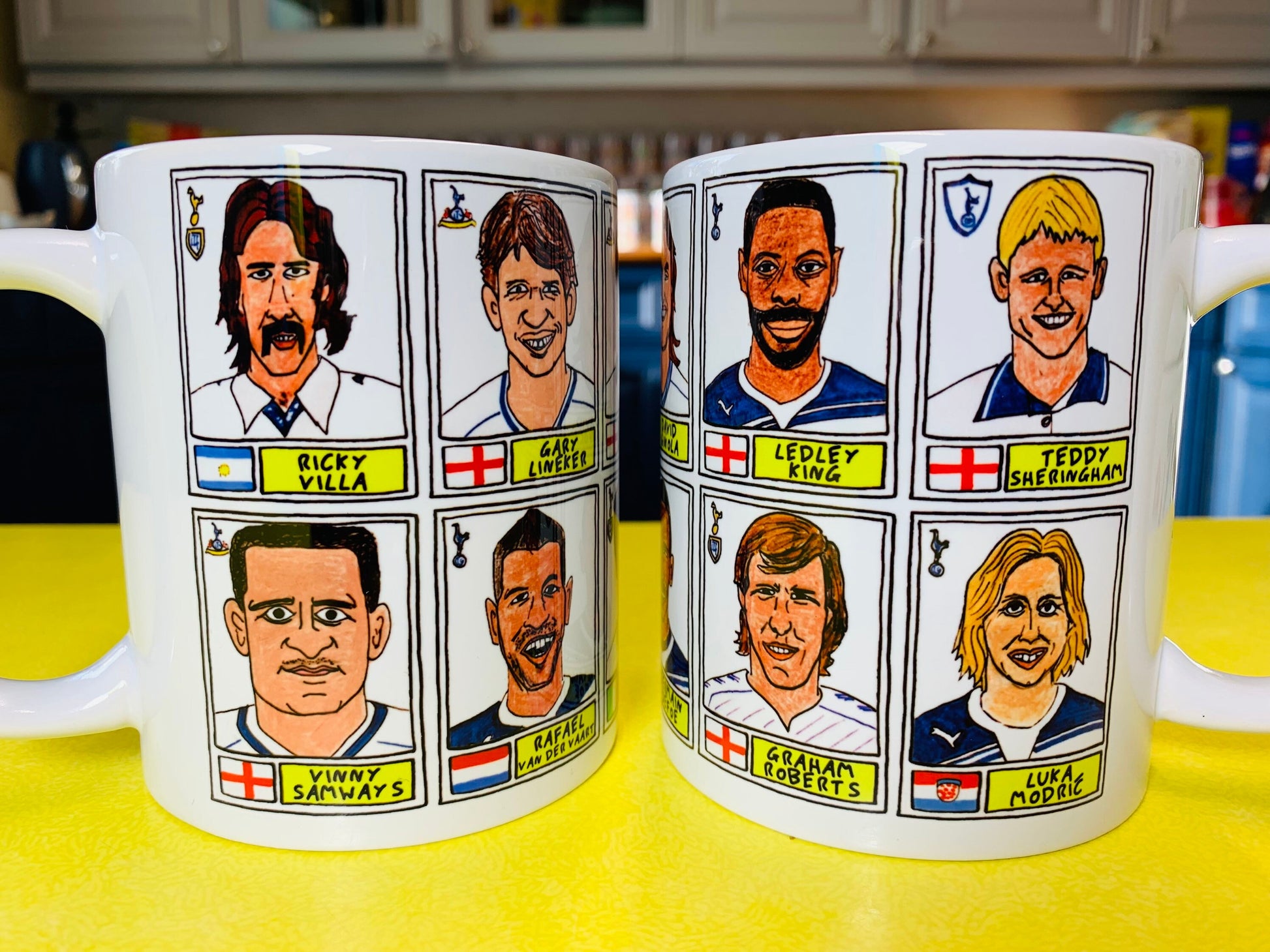 Spurs Volume 1 No Score Draws Mug Set - Set of TWO 11oz Ceramic Mugs with Wonky Panini sticker-style No Score Draws Doodles of THFC icons