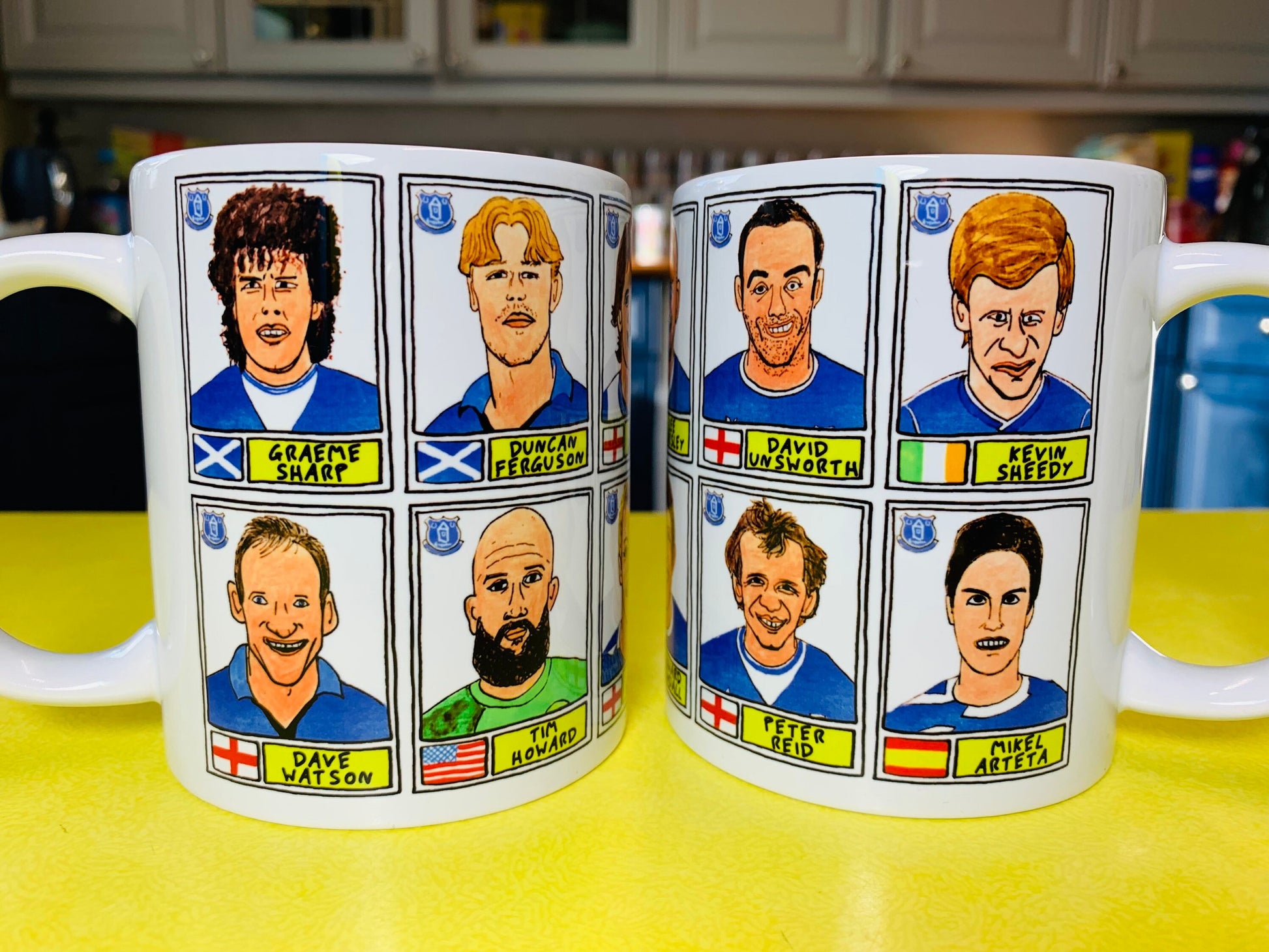 Everton - Set of TWO 11oz Ceramic Mugs with Wonky Panini sticker-style No Score Draws Doodles of 24 Toffees EFC icons