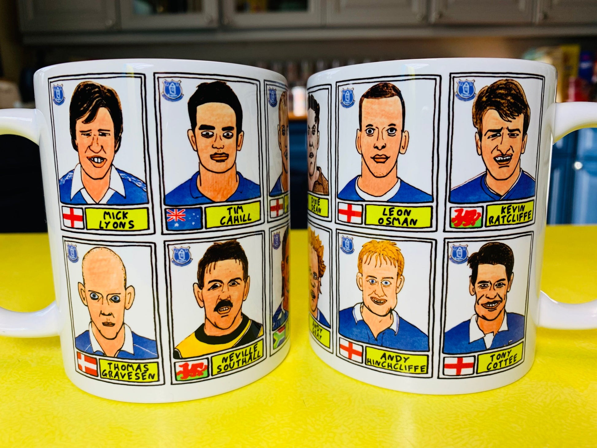 Everton - Set of TWO 11oz Ceramic Mugs with Wonky Panini sticker-style No Score Draws Doodles of 24 Toffees EFC icons