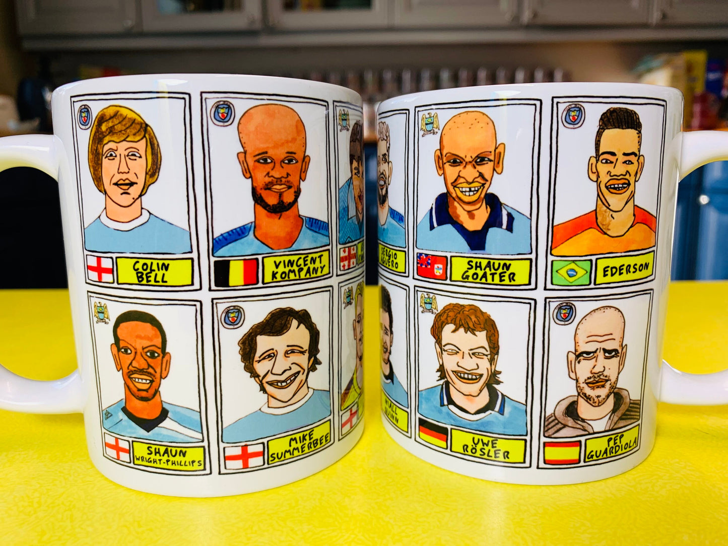 Man City No Score Draws Mug Set - Set of TWO 11oz Ceramic Mugs with Wonky Panini sticker-style MCFC Manchester City No Score Draws Doodles