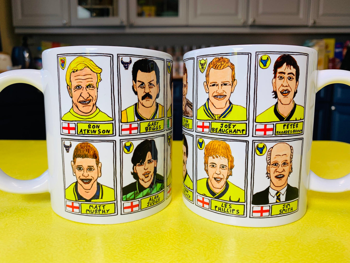 Oxford United No Score Draws Mug Set - Set of TWO 11oz Ceramic Mugs with Wonky Panini sticker-style OUFC Yellows No Score Draws Doodles