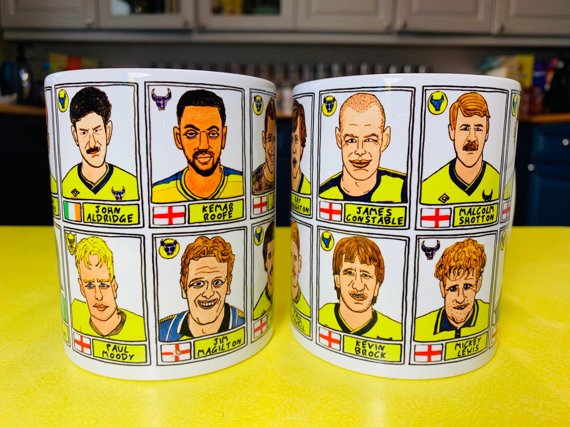 Oxford United No Score Draws Mug Set - Set of TWO 11oz Ceramic Mugs with Wonky Panini sticker-style OUFC Yellows No Score Draws Doodles