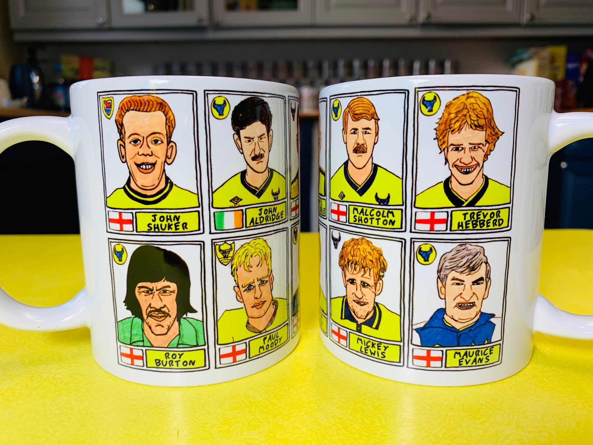 Oxford United No Score Draws Mug Set - Set of TWO 11oz Ceramic Mugs with Wonky Panini sticker-style OUFC Yellows No Score Draws Doodles