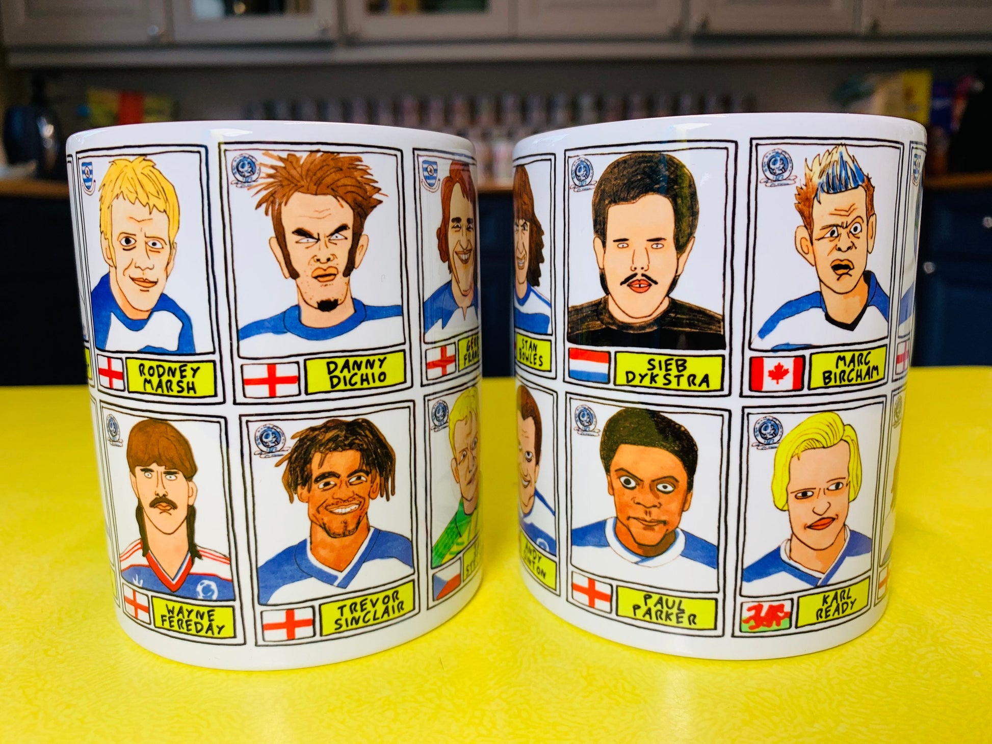 QPR No Score Draws Mug Set - Set of TWO 11oz Ceramic Mugs with Wonky Panini sticker-style Queens Park Rangers No Score Draws Doodles