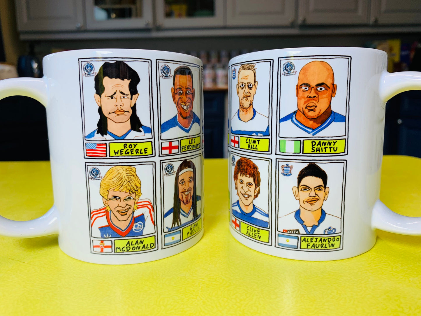 QPR No Score Draws Mug Set - Set of TWO 11oz Ceramic Mugs with Wonky Panini sticker-style Queens Park Rangers No Score Draws Doodles