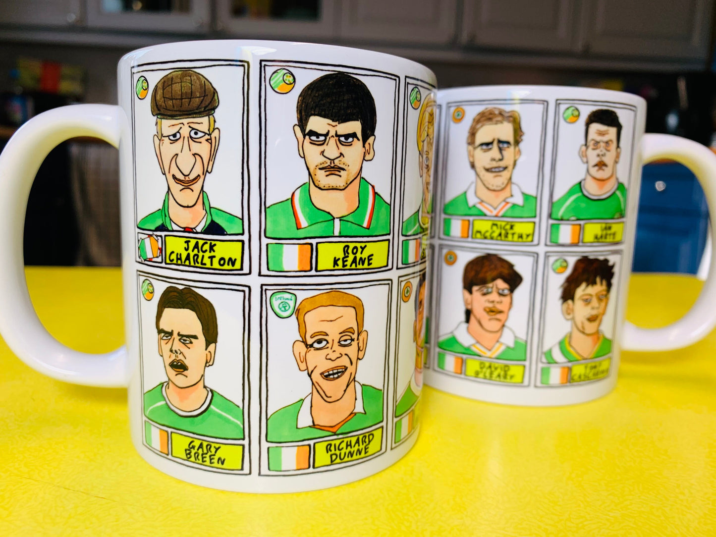 Ireland No Score Draws Mug Set - Set of TWO 11oz Ceramic Mugs with Wonky Panini sticker-style No Score Draws Doodles of 24 Irish icons