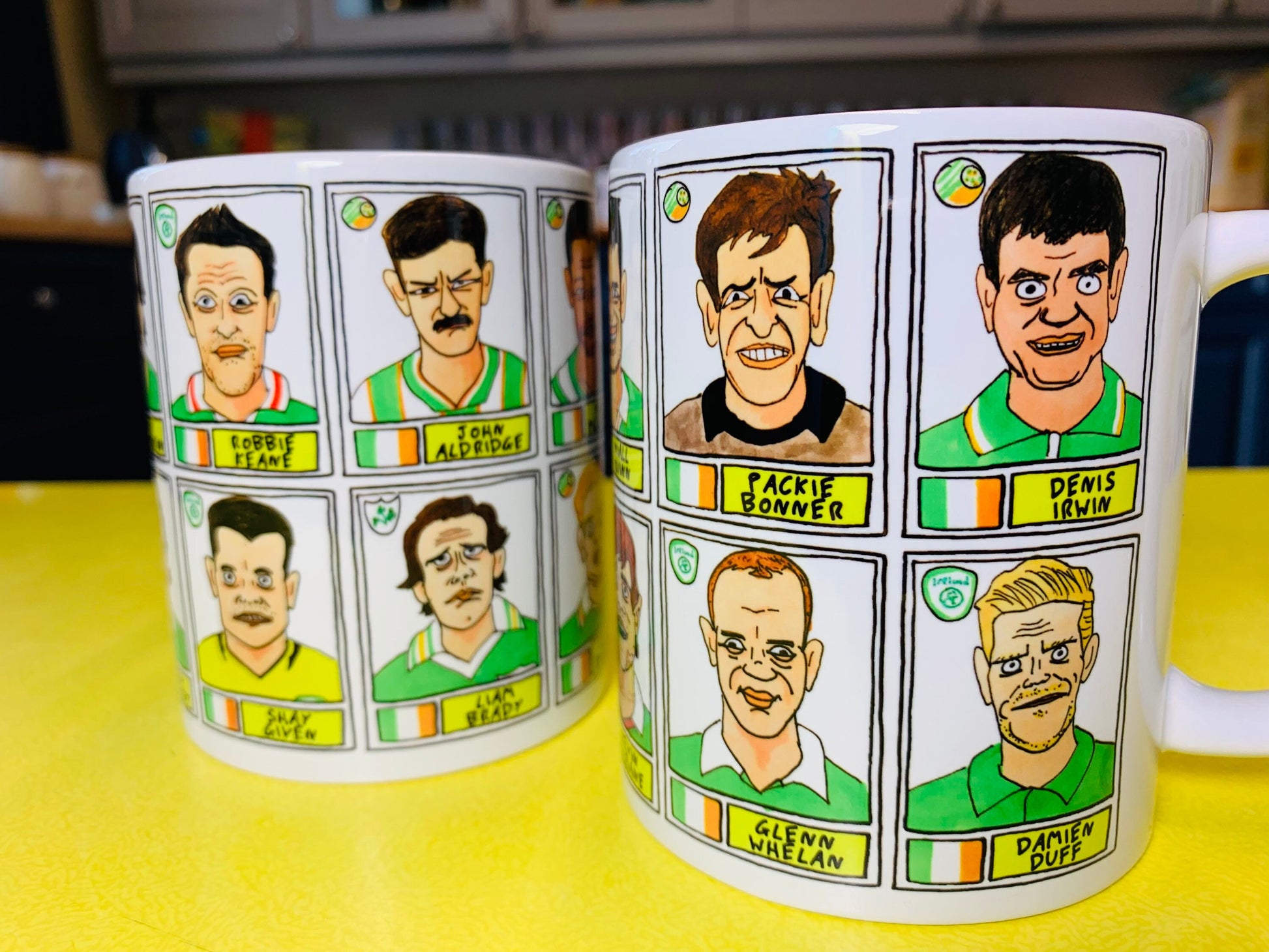 Ireland No Score Draws Mug Set - Set of TWO 11oz Ceramic Mugs with Wonky Panini sticker-style No Score Draws Doodles of 24 Irish icons