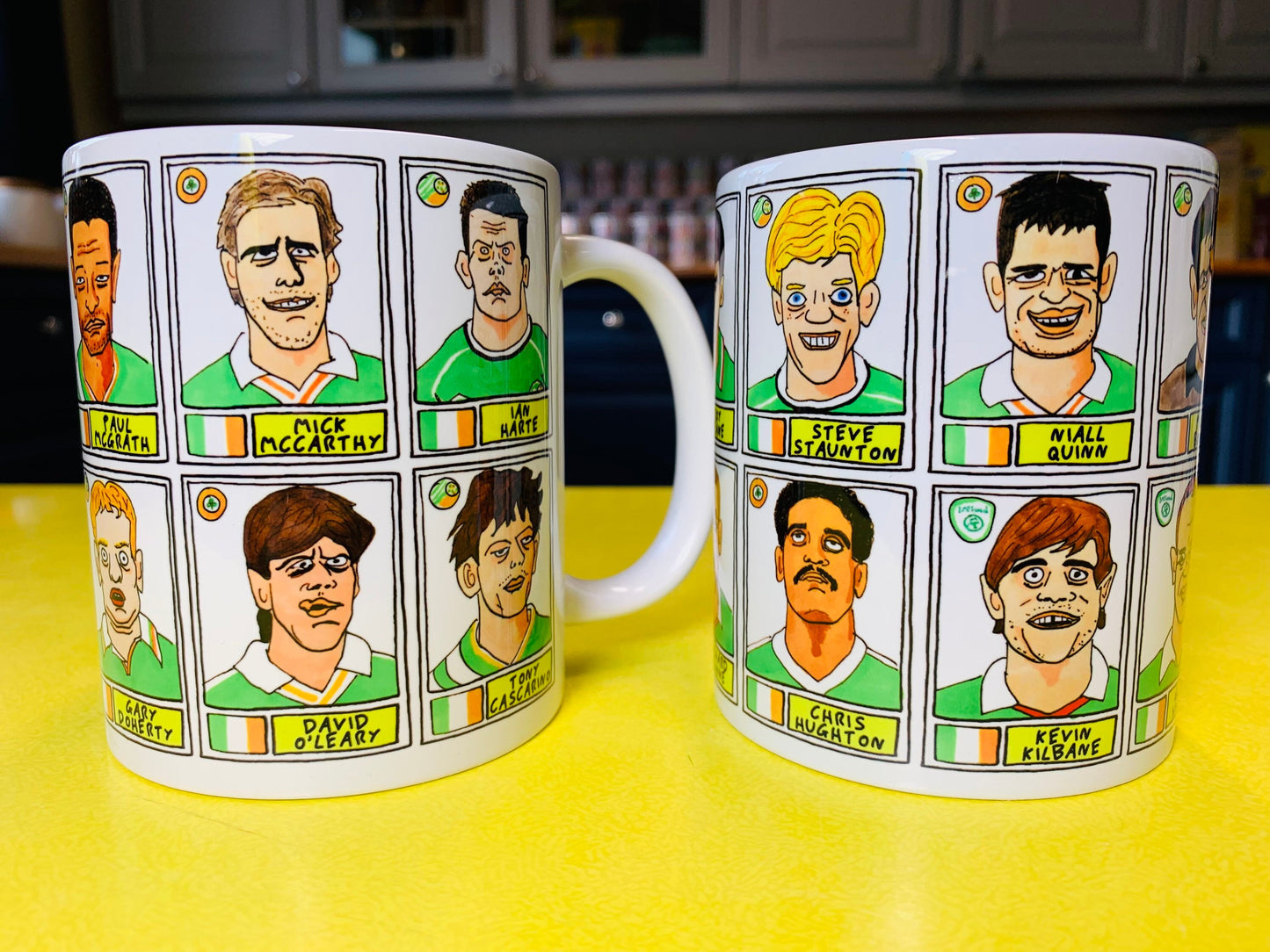 Ireland No Score Draws Mug Set - Set of TWO 11oz Ceramic Mugs with Wonky Panini sticker-style No Score Draws Doodles of 24 Irish icons