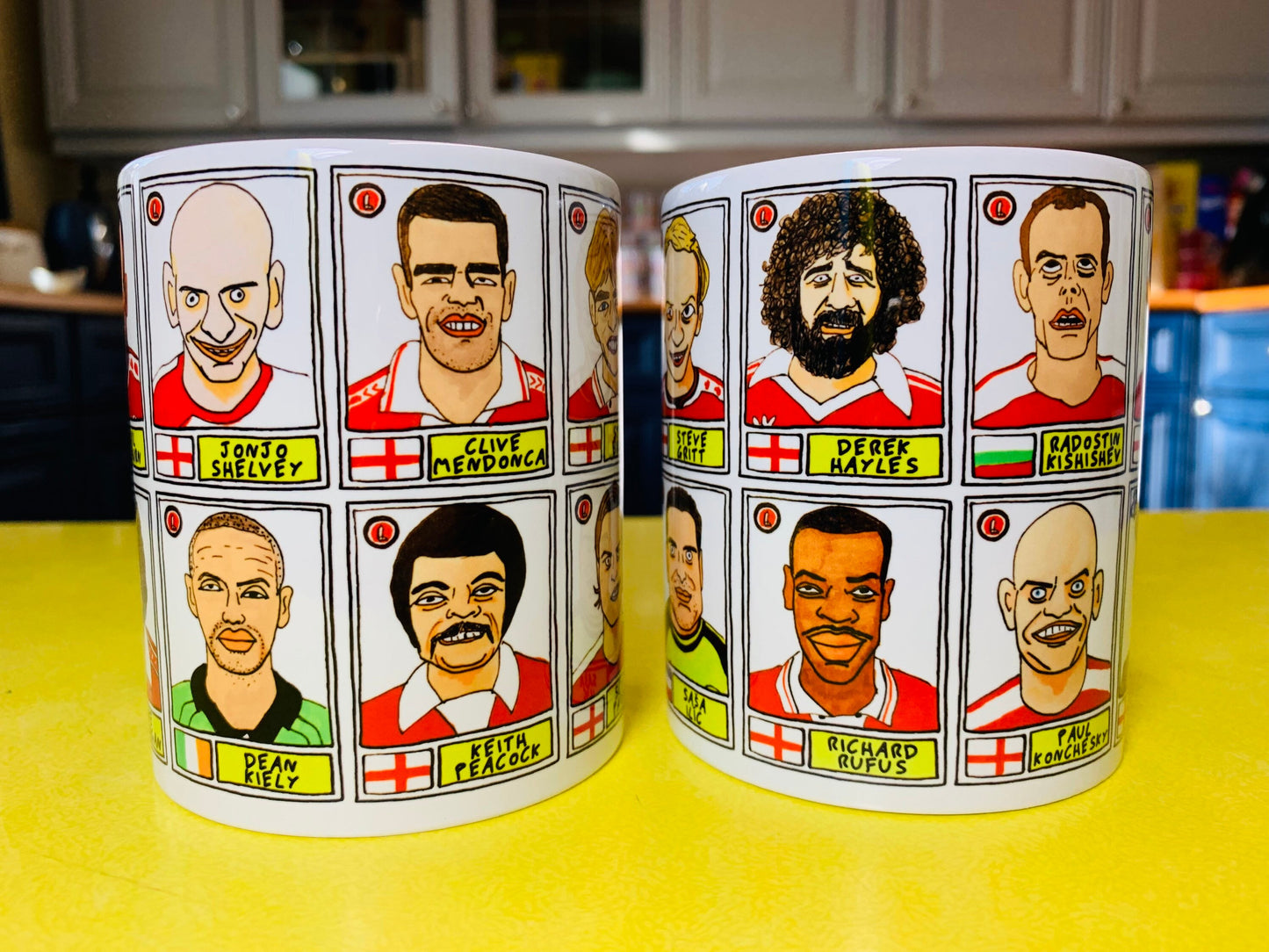 Charlton Athletic No Score Draws Mug Set - Set of TWO 11oz Ceramic Mugs with Wonky Panini sticker-style No Score Draws Doodles of CAFC icons