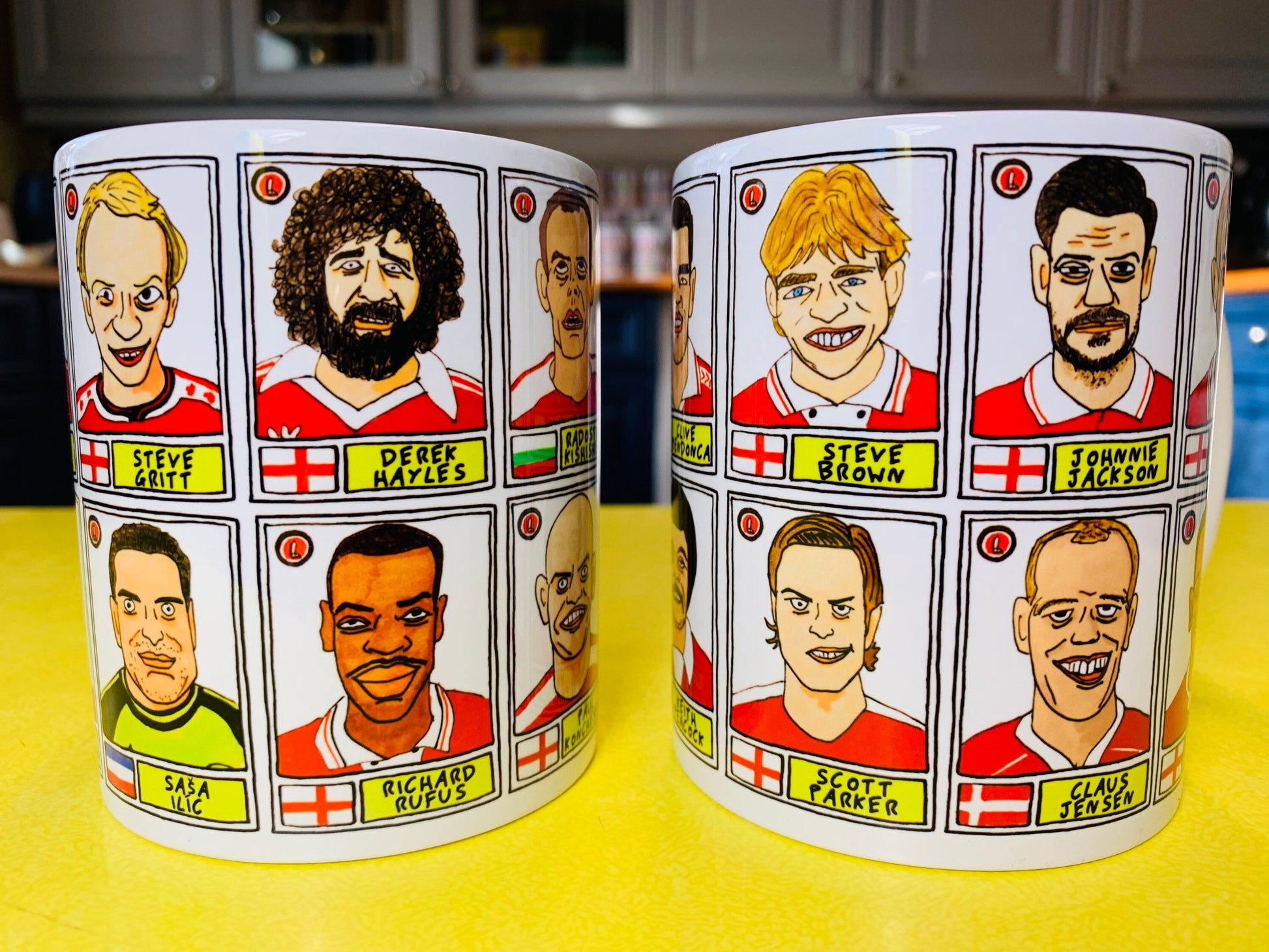 Charlton Athletic No Score Draws Mug Set - Set of TWO 11oz Ceramic Mugs with Wonky Panini sticker-style No Score Draws Doodles of CAFC icons