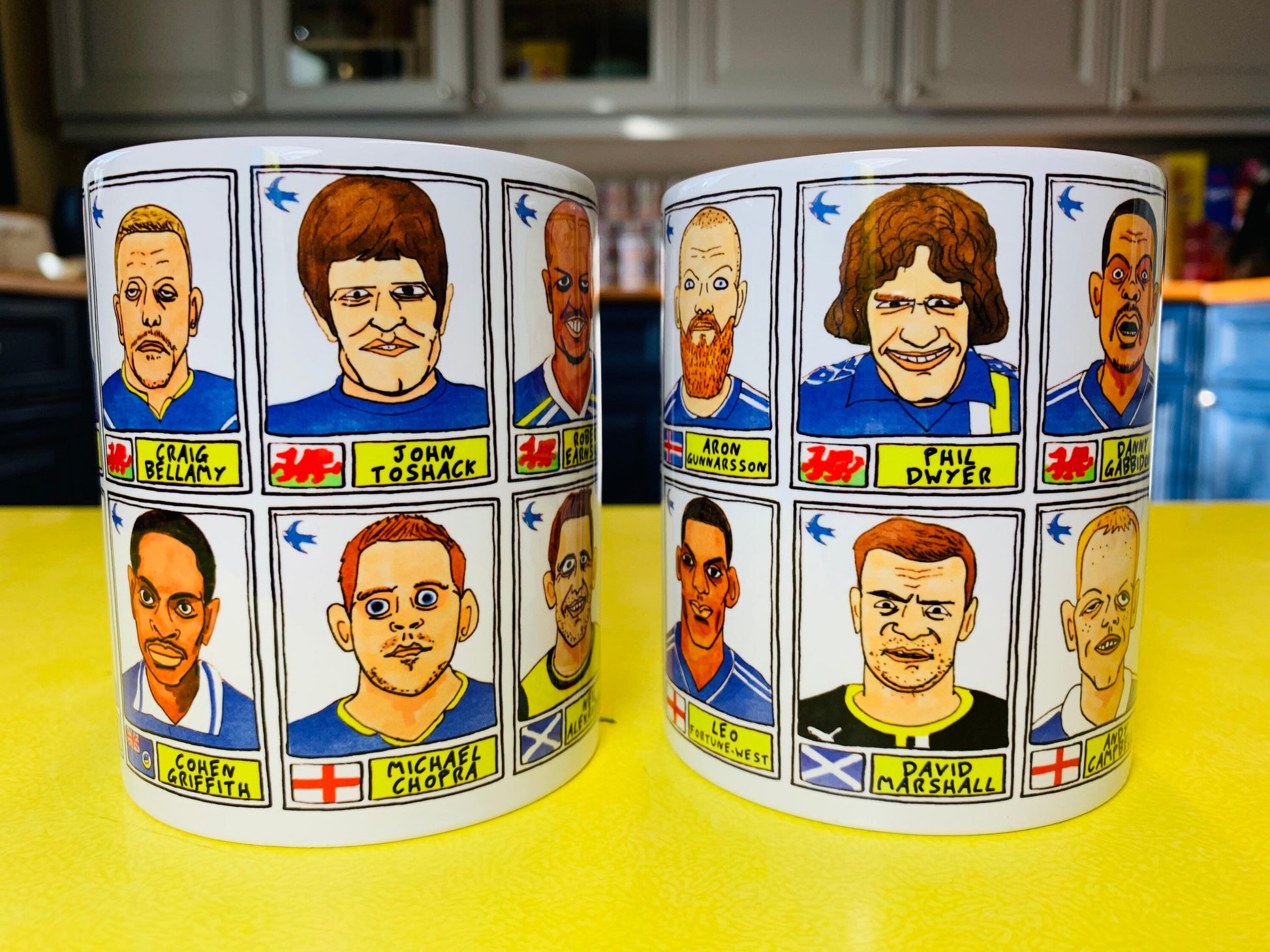 Cardiff City No Score Draws Mug Set - Set of TWO 11oz Ceramic Mugs with Wonky Panini sticker-style Bluebirds CCFC No Score Draws Doodles