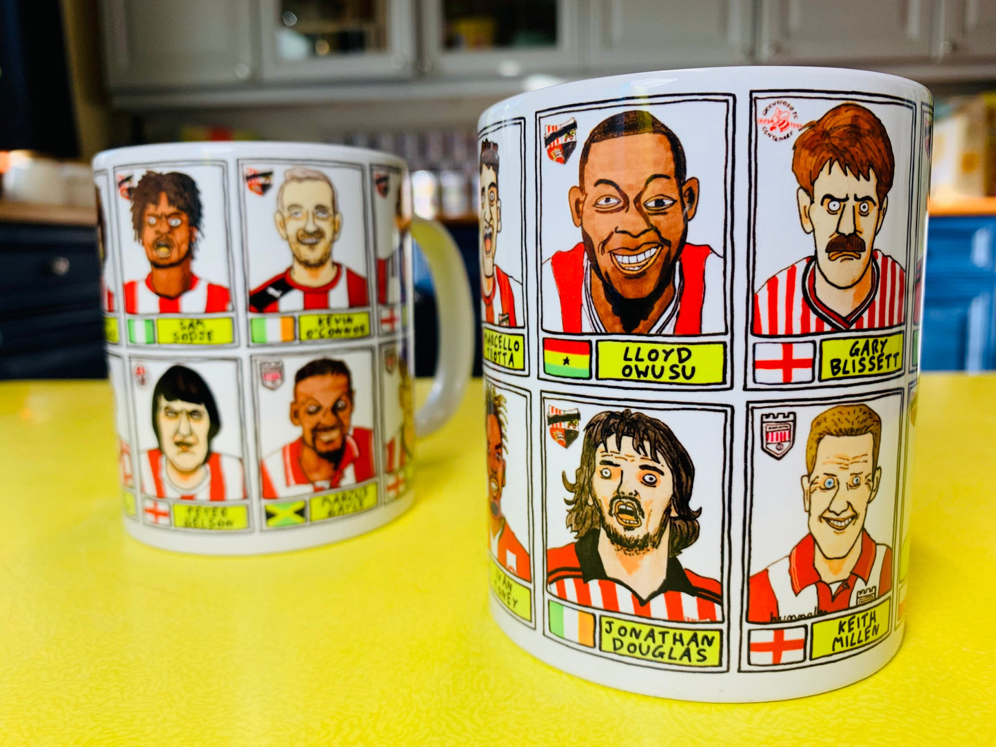 Brentford Vol 1 No Score Draws Mug Set - Set of TWO 11oz Ceramic Mugs with Wonky Panini-sticker-style No Score Draws Doodles Of Bees icons