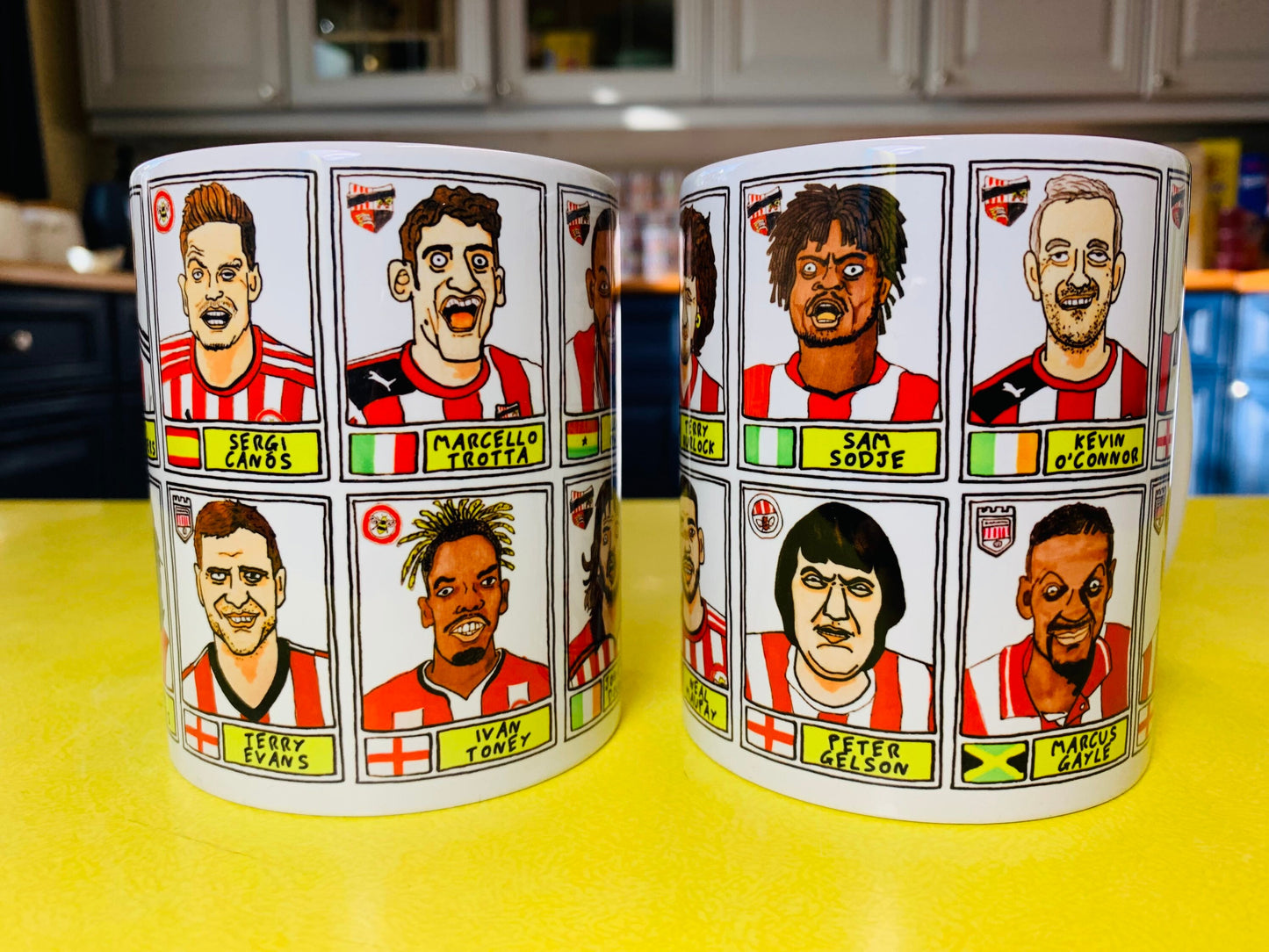 Brentford Vol 1 No Score Draws Mug Set - Set of TWO 11oz Ceramic Mugs with Wonky Panini-sticker-style No Score Draws Doodles Of Bees icons