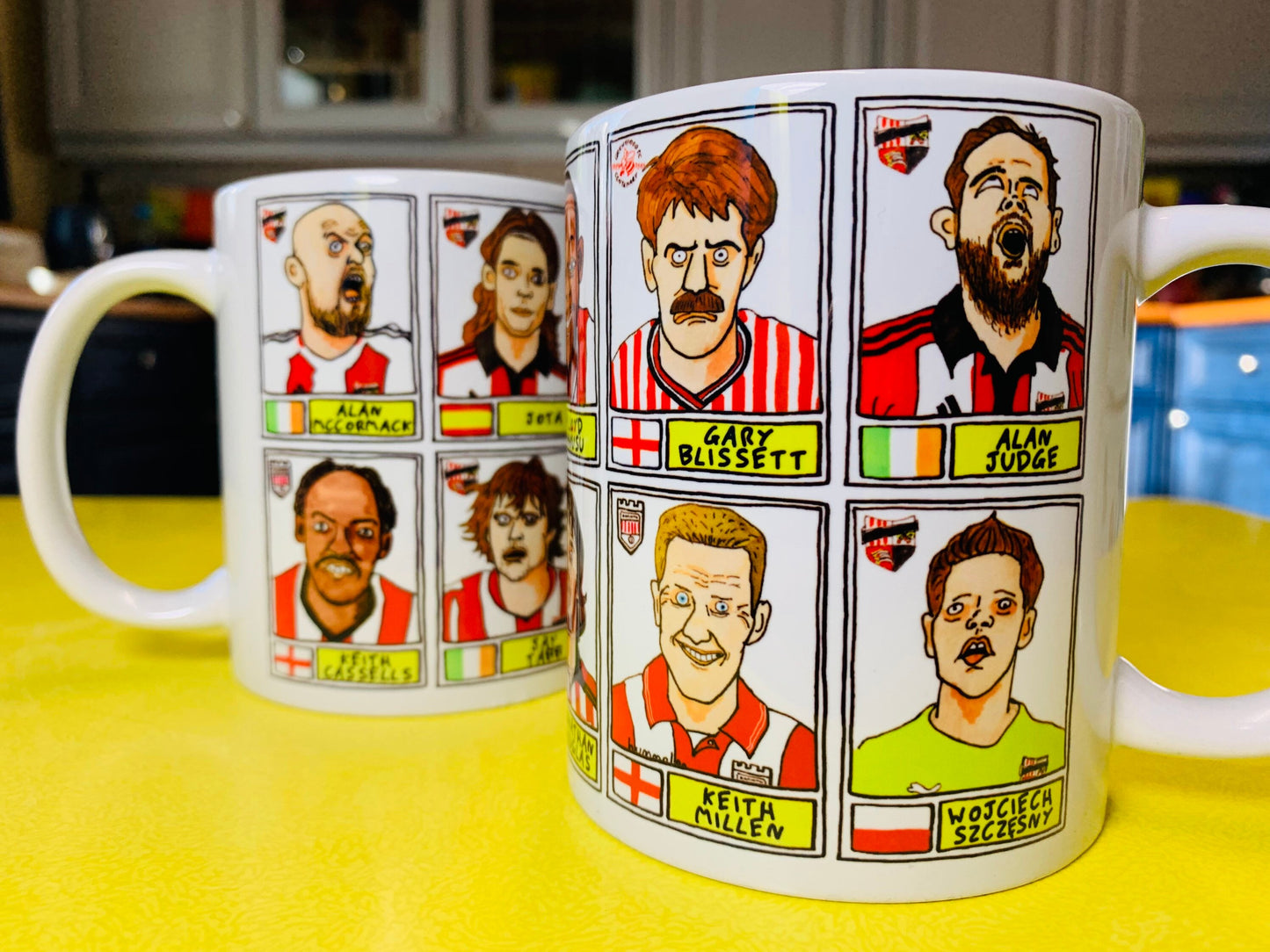 Brentford Vol 1 No Score Draws Mug Set - Set of TWO 11oz Ceramic Mugs with Wonky Panini-sticker-style No Score Draws Doodles Of Bees icons