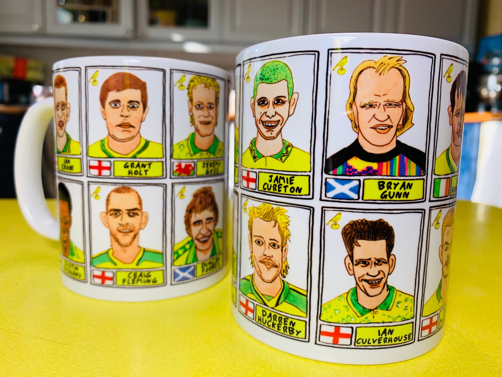 Norwich City Vol 1 No Score Draws Mug Set - Set of TWO 11oz Ceramic Mugs with Wonky Panini-style No Score Draws Doodles of 24 Canaries icons