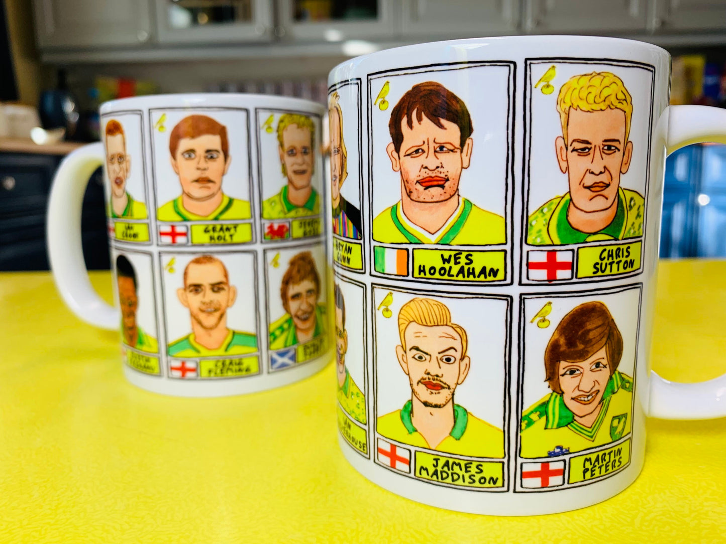 Norwich City Vol 1 No Score Draws Mug Set - Set of TWO 11oz Ceramic Mugs with Wonky Panini-style No Score Draws Doodles of 24 Canaries icons