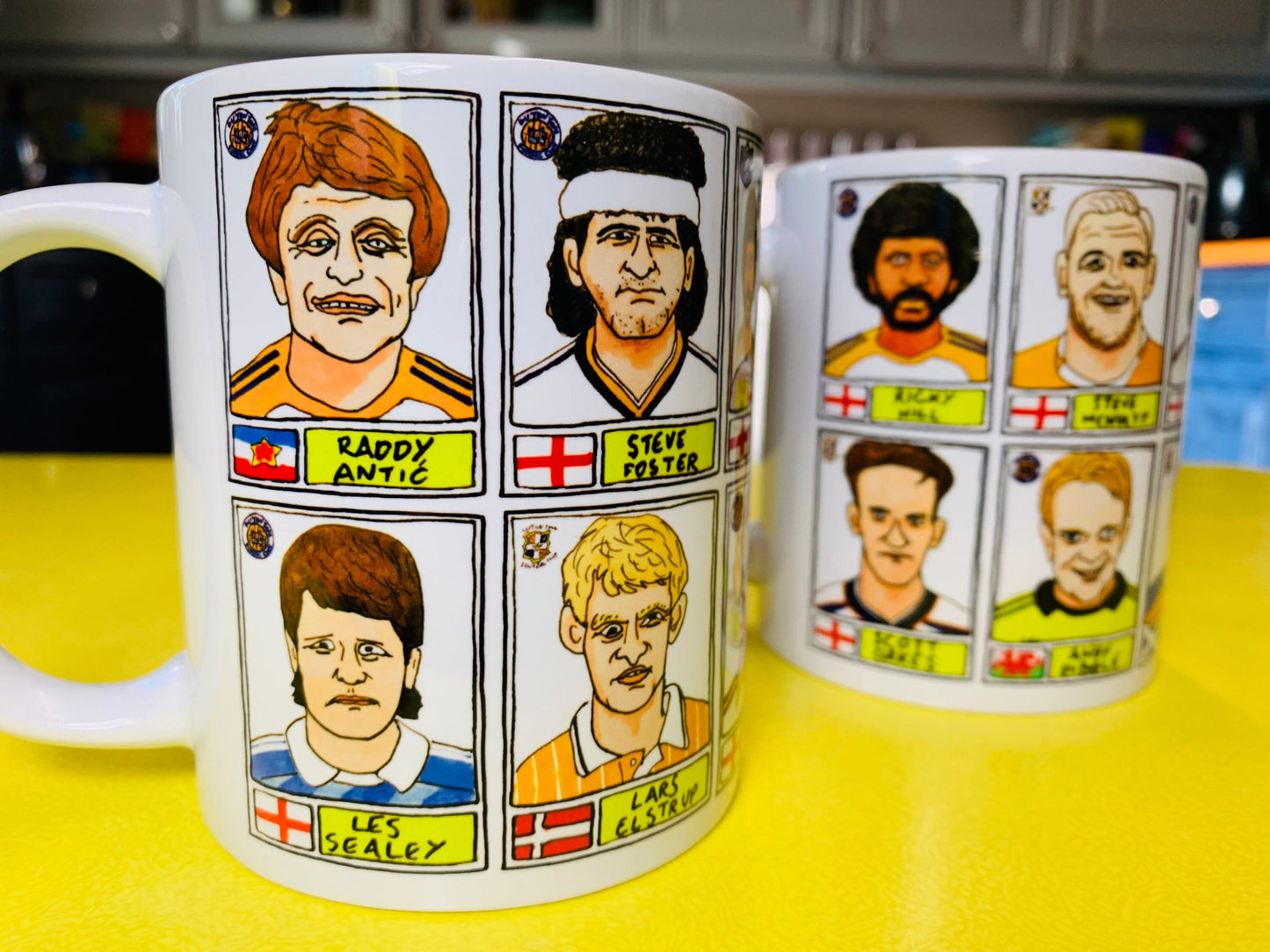 Luton Town No Score Draws Mug Set - Set of TWO 11oz Ceramic Mugs with Wonky Panini-style No Score Draws Doodles of 24 Hatters icons