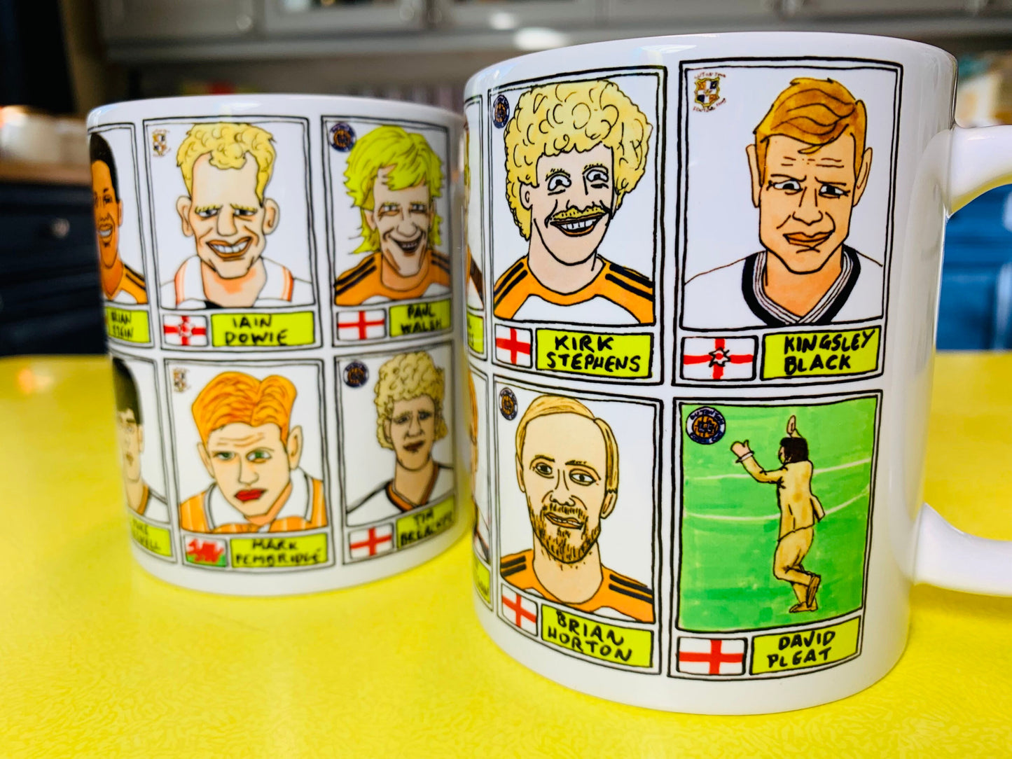 Luton Town No Score Draws Mug Set - Set of TWO 11oz Ceramic Mugs with Wonky Panini-style No Score Draws Doodles of 24 Hatters icons