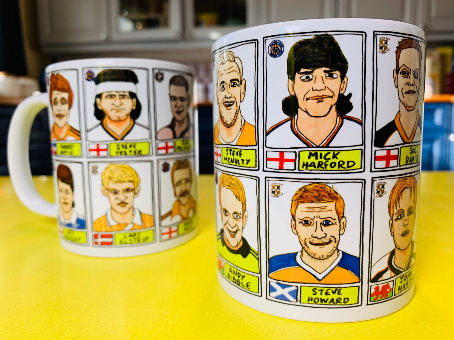 Luton Town No Score Draws Mug Set - Set of TWO 11oz Ceramic Mugs with Wonky Panini-style No Score Draws Doodles of 24 Hatters icons