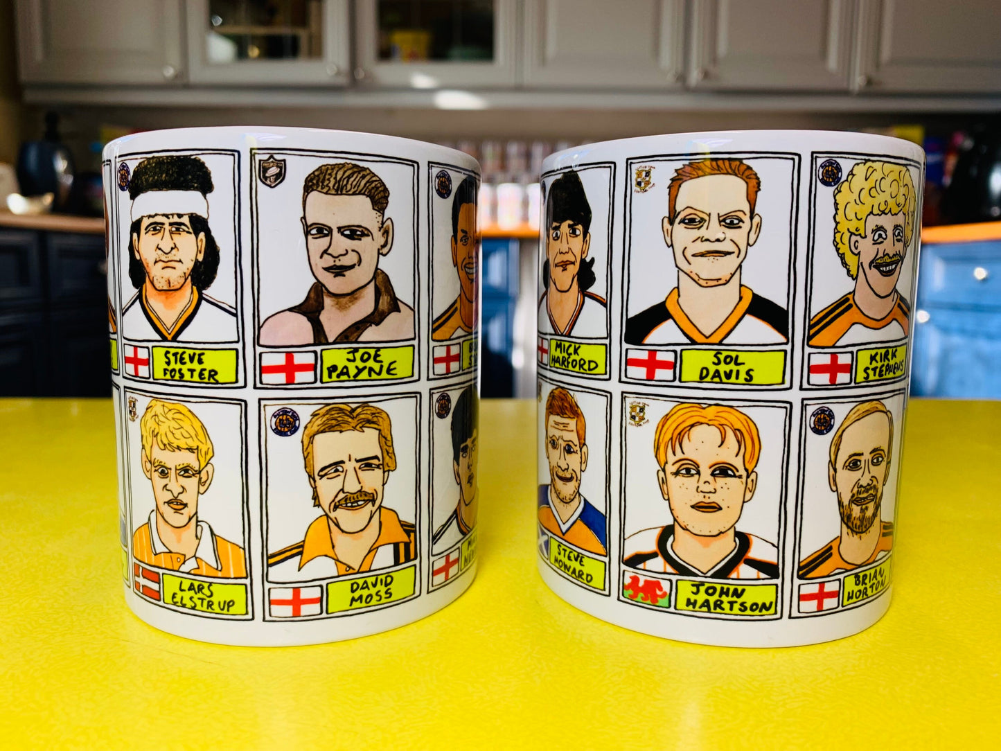 Luton Town No Score Draws Mug Set - Set of TWO 11oz Ceramic Mugs with Wonky Panini-style No Score Draws Doodles of 24 Hatters icons