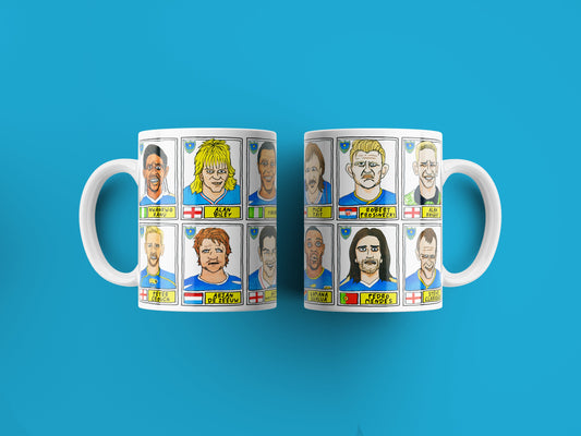 Portsmouth No Score Draws Mug Set - Set of TWO 11oz Ceramic Mugs with Wonky Panini sticker-style No Score Draws Doodles of 24 Pompey icons