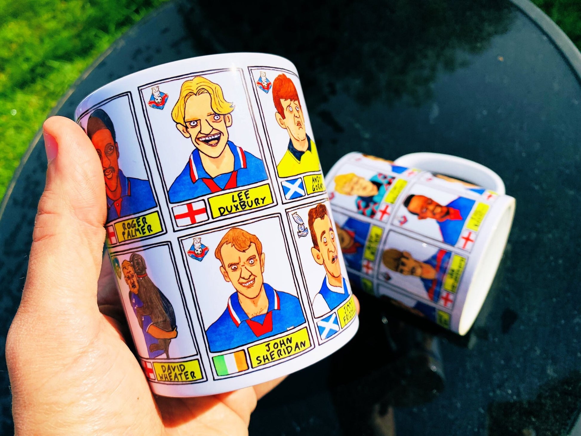 Oldham Athletic No Score Draws Mug Set - Set of TWO 11oz Ceramic Mugs with Wonky Panini sticker-style OAFC Latics No Score Draws Doodles