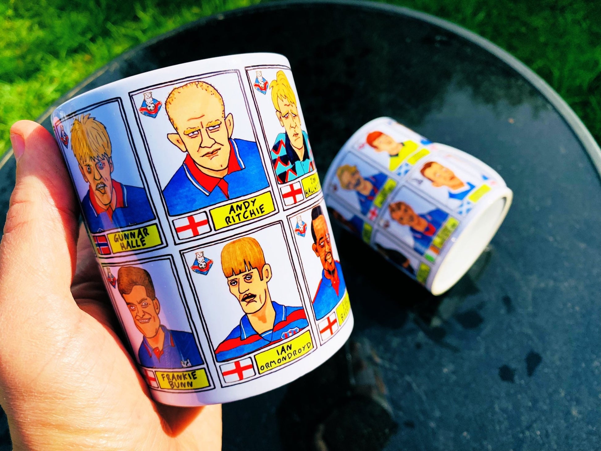 Oldham Athletic No Score Draws Mug Set - Set of TWO 11oz Ceramic Mugs with Wonky Panini sticker-style OAFC Latics No Score Draws Doodles