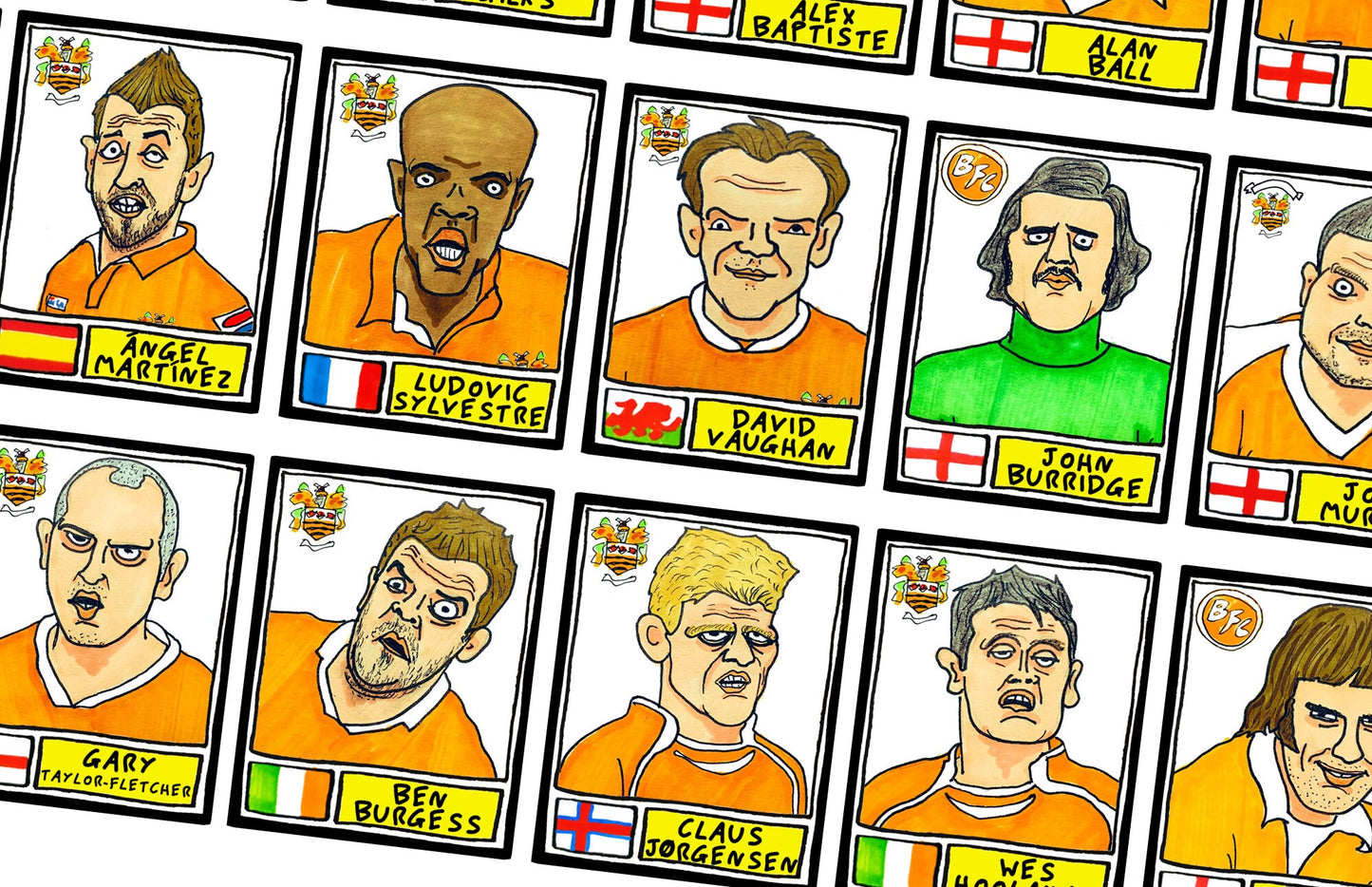 Blackpool - No Score Draws Tangerines Edition - A3 print of 36 hand-drawn Panini-sticker-style BFC Tangerines icons - Wonky football art