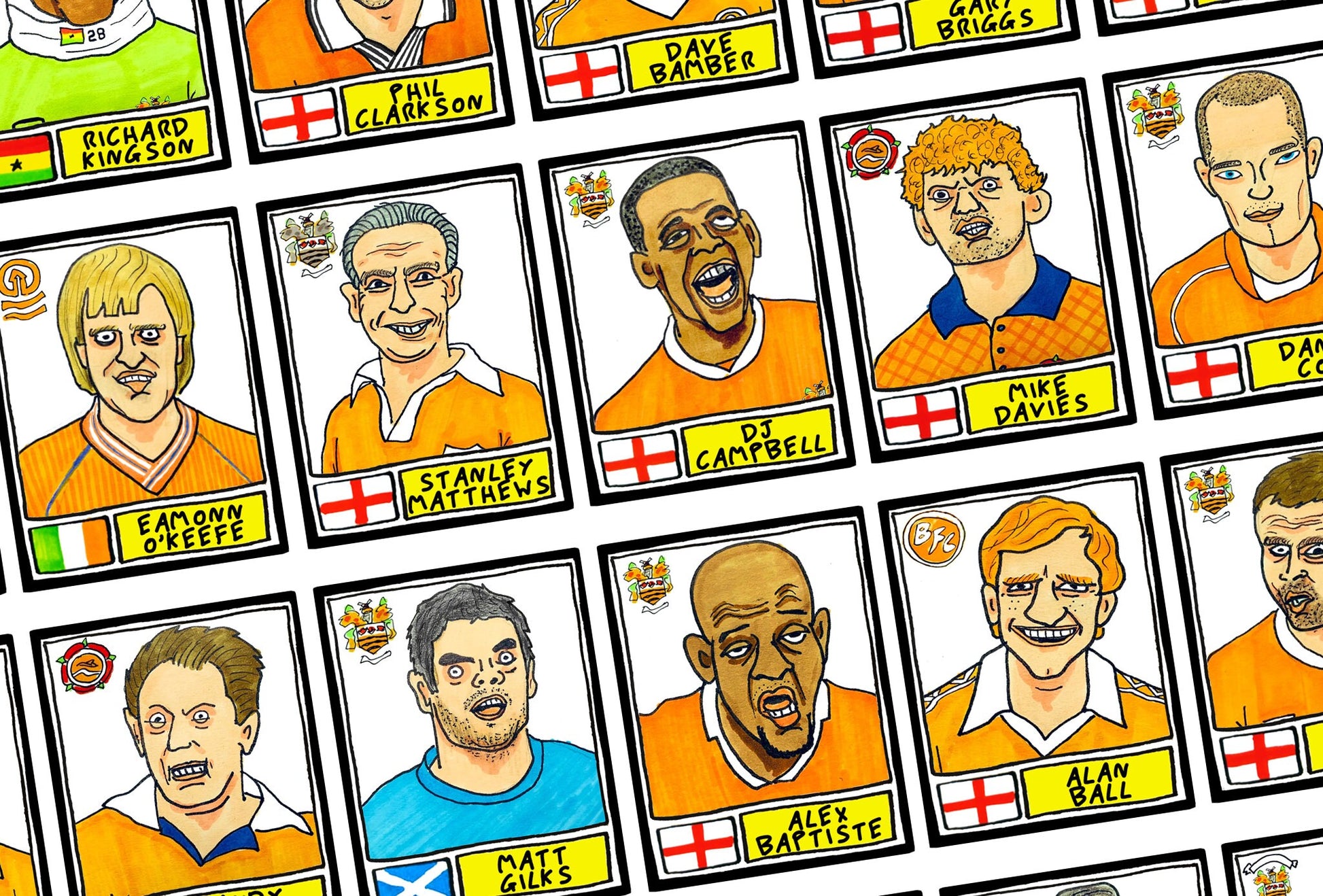 Blackpool - No Score Draws Tangerines Edition - A3 print of 36 hand-drawn Panini-sticker-style BFC Tangerines icons - Wonky football art