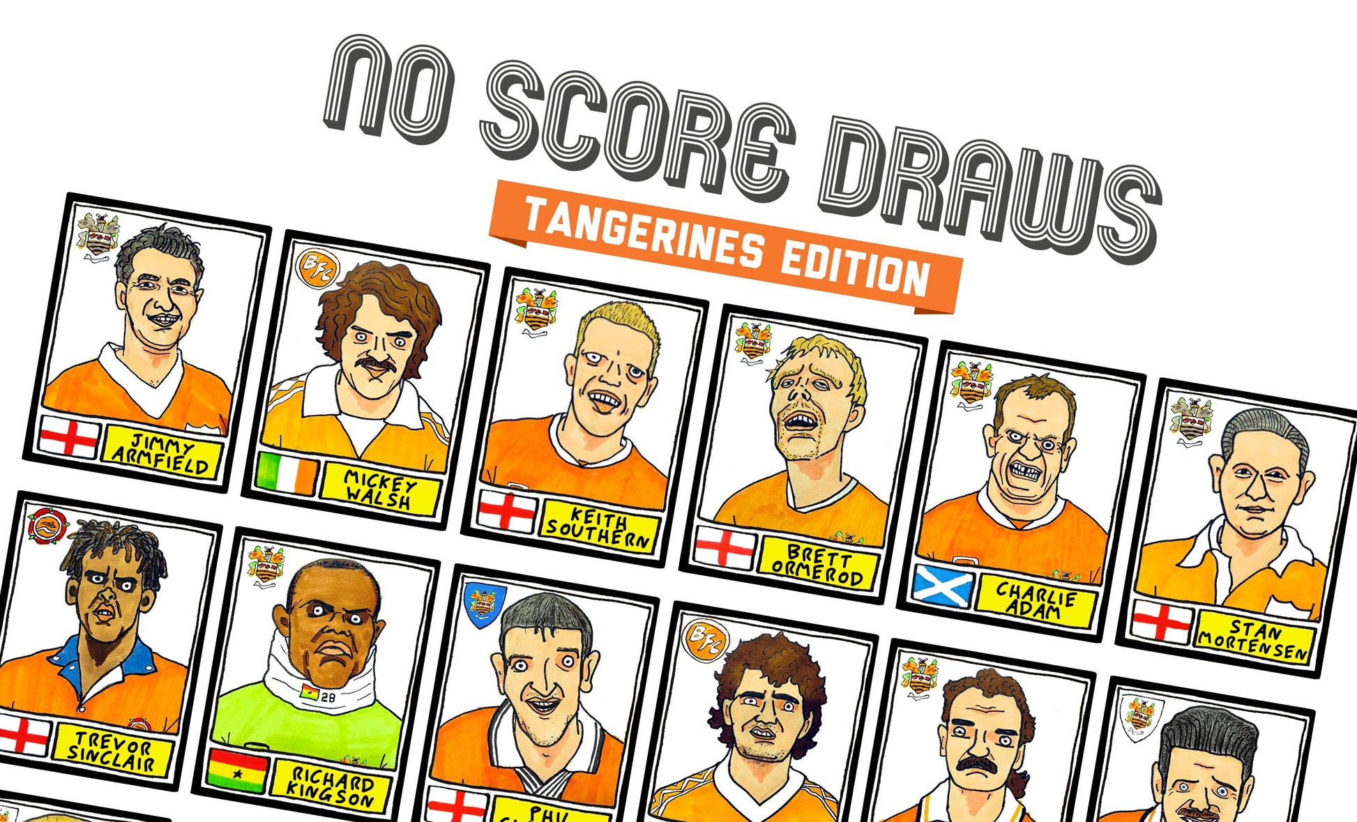 Blackpool - No Score Draws Tangerines Edition - A3 print of 36 hand-drawn Panini-sticker-style BFC Tangerines icons - Wonky football art