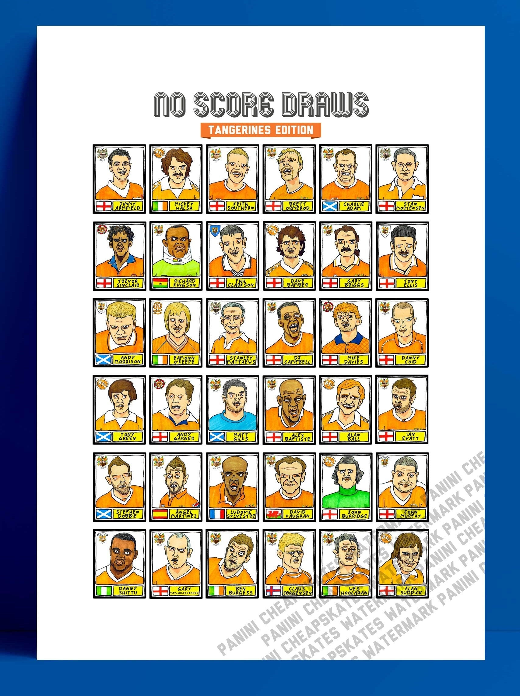 Blackpool - No Score Draws Tangerines Edition - A3 print of 36 hand-drawn Panini-sticker-style BFC Tangerines icons - Wonky football art