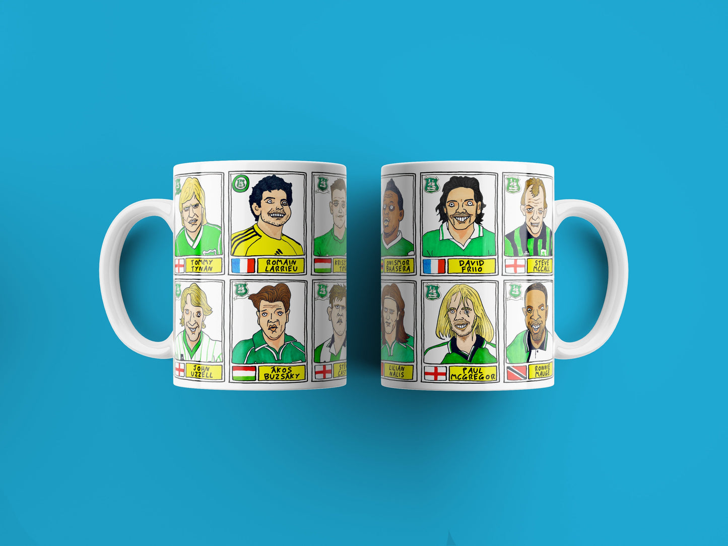 Plymouth Argyle No Score Draws Mug Set - Set of TWO 11oz Ceramic Mugs with Wonky Panini sticker-style PAFC Pilgrims No Score Draws Doodles