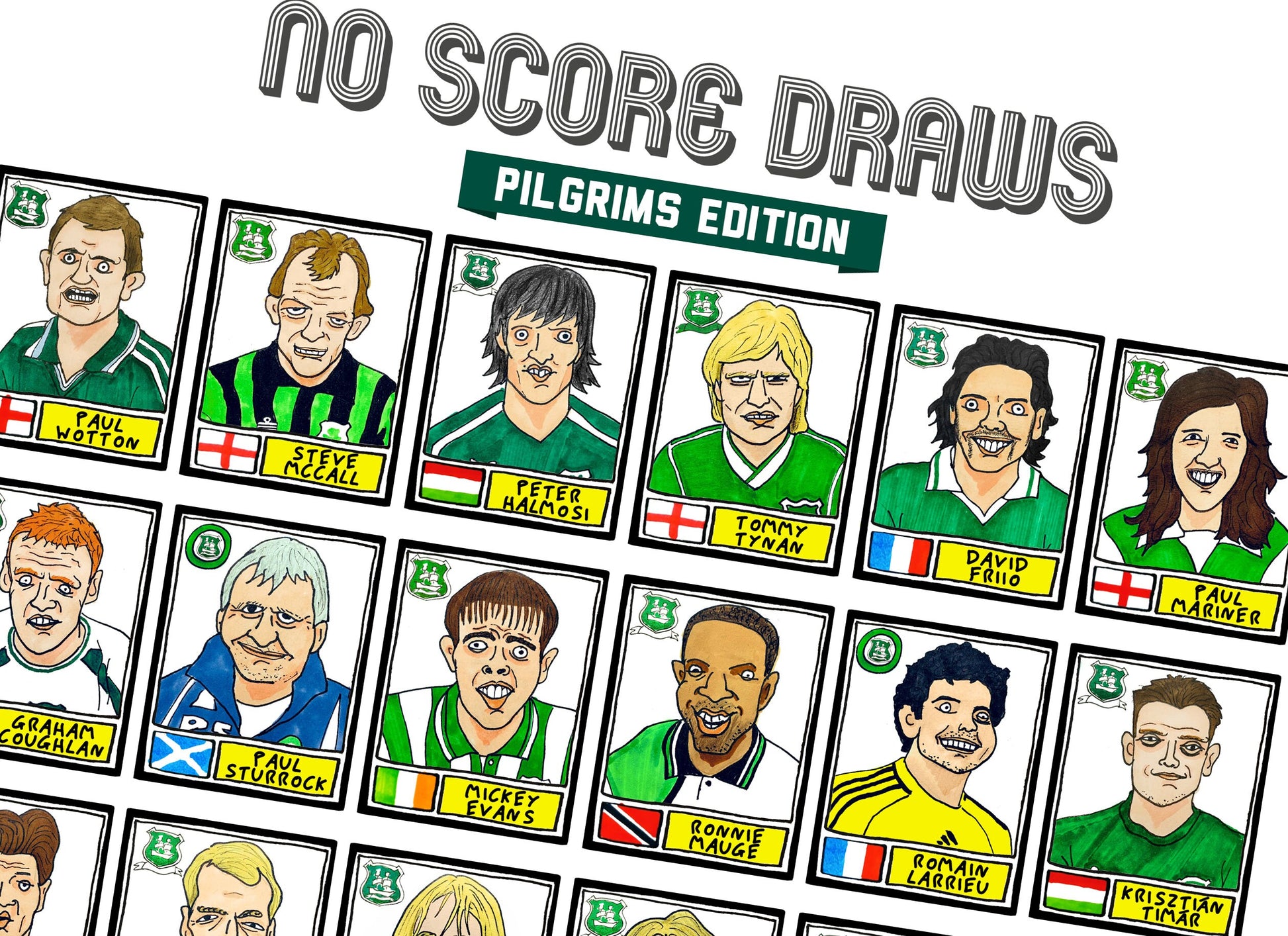 Plymouth Argyle - No Score Draws Pilgrims Edition - A3 print of 36 hand-drawn Panini-style PAFC icons - Wonky cheapskate football art