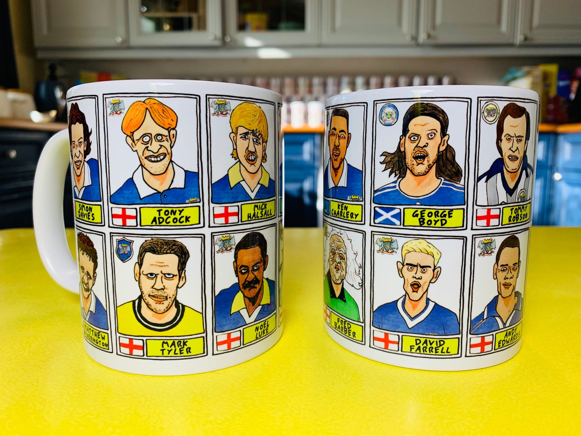 Peterborough Utd Vol 2 Mug Set - Set of TWO 11oz Ceramic Mugs with Wonky Panini-style No Score Draws Doodles of various historic PUFC icons