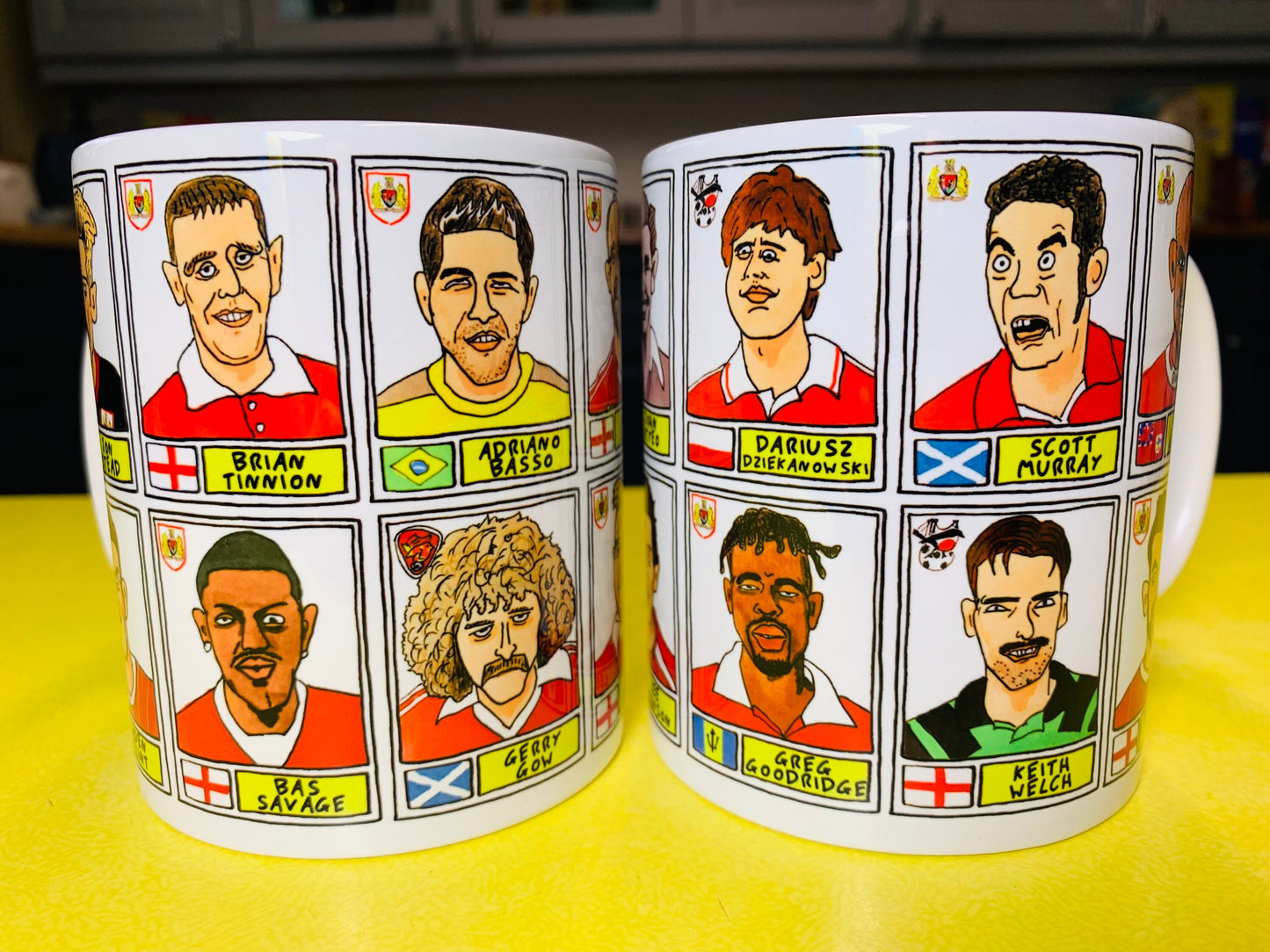 Bristol City No Score Draws Mug Set - Set of TWO 11oz Ceramic Mugs with Wonky Panini sticker-style No Score Draws Doodles of BCFC icons