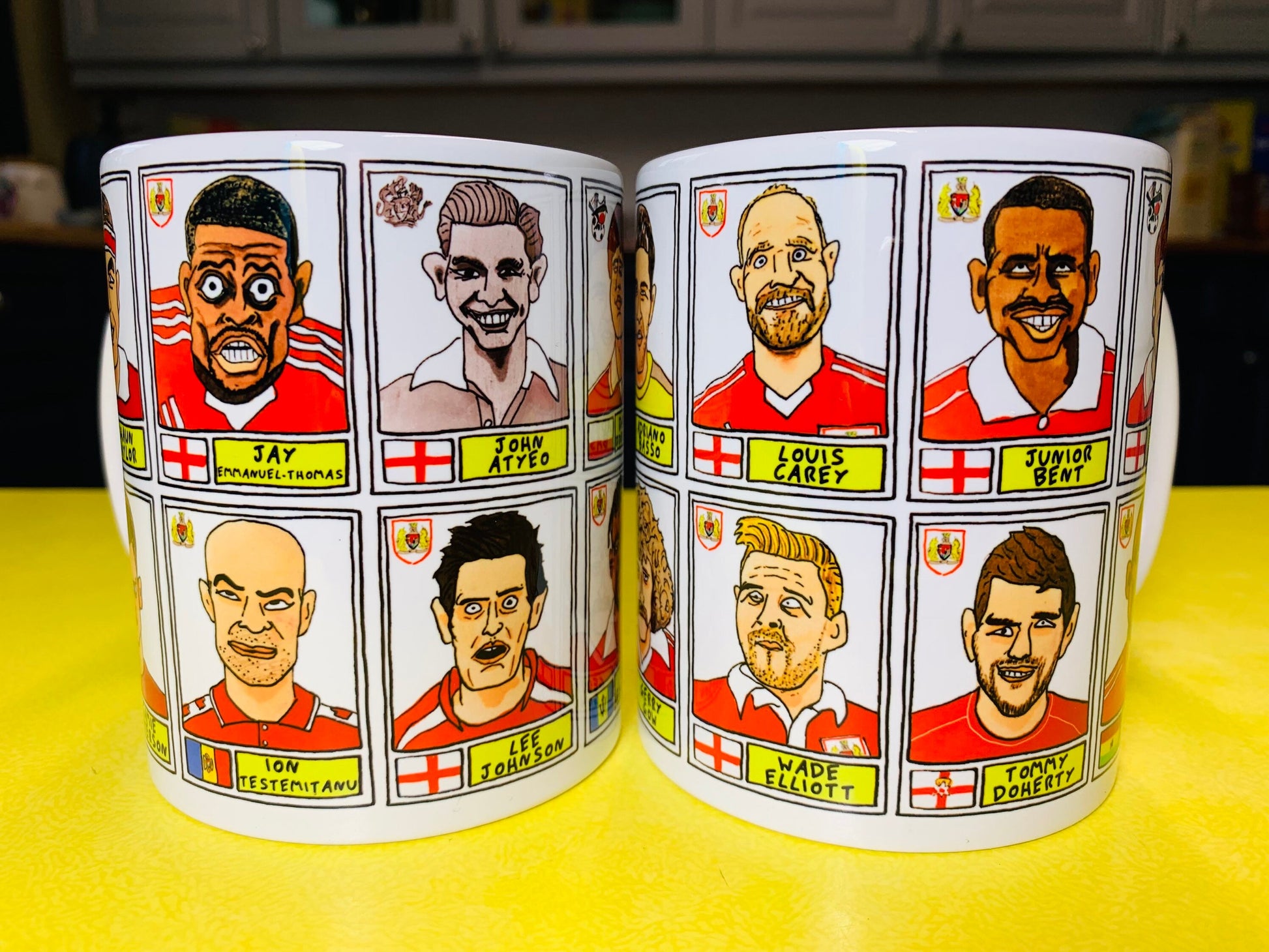 Bristol City No Score Draws Mug Set - Set of TWO 11oz Ceramic Mugs with Wonky Panini sticker-style No Score Draws Doodles of BCFC icons