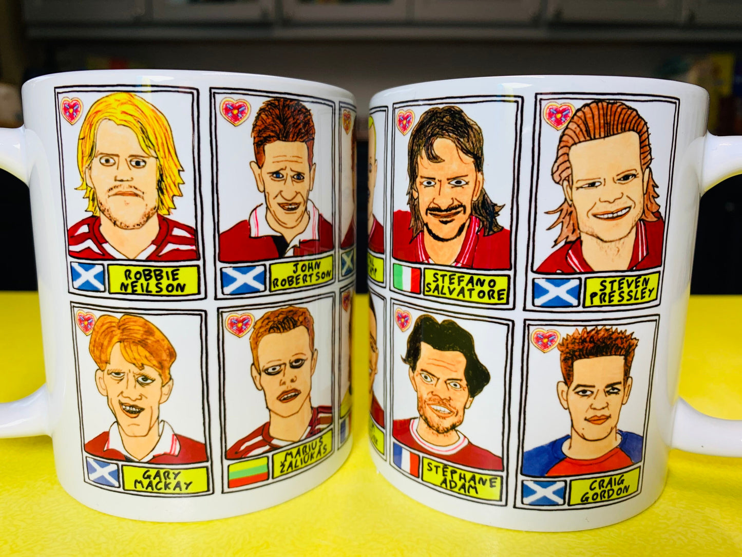 Hearts No Score Draws Mug Set - Set of TWO 11oz Ceramic Mugs with Wonky Panini-style No Score Draws Doodles of 24 Heart Of Midlothian icons