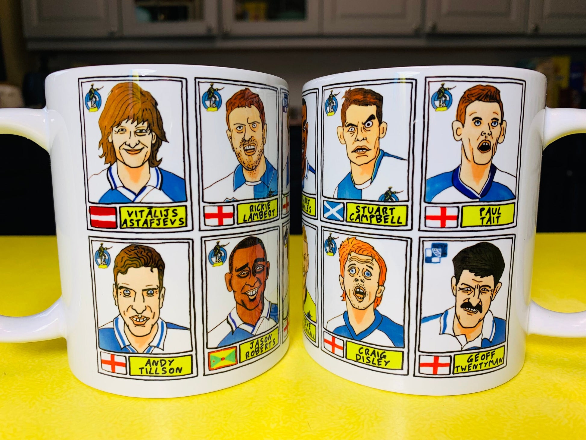 Bristol Rovers No Score Draws Mug Set - Set of TWO 11oz Ceramic Mugs with Wonky Panini sticker-style BRFC Gas No Score Draws Doodles