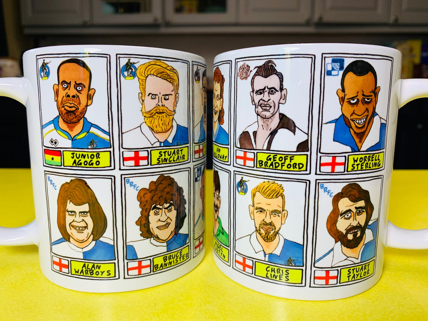 Bristol Rovers No Score Draws Mug Set - Set of TWO 11oz Ceramic Mugs with Wonky Panini sticker-style BRFC Gas No Score Draws Doodles