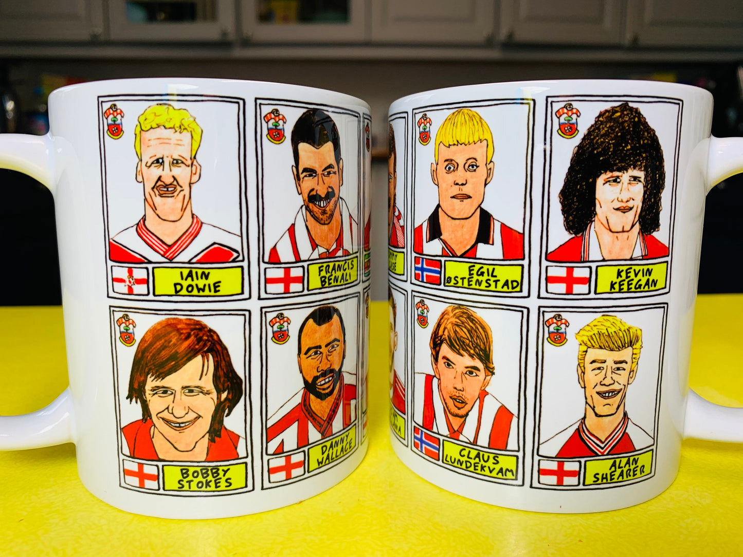 Southampton - Set of TWO 11oz Ceramic Mugs with Wonky Panini sticker-style No Score Draws Doodles of 24 Saints icons