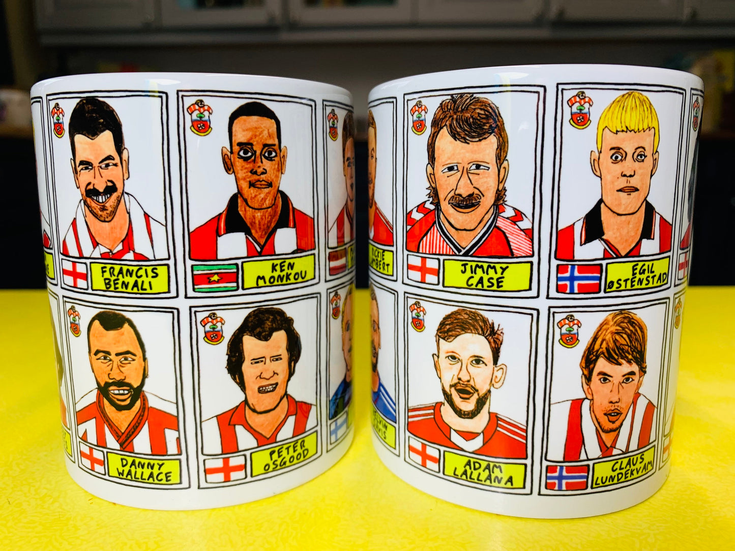 Southampton - Set of TWO 11oz Ceramic Mugs with Wonky Panini sticker-style No Score Draws Doodles of 24 Saints icons